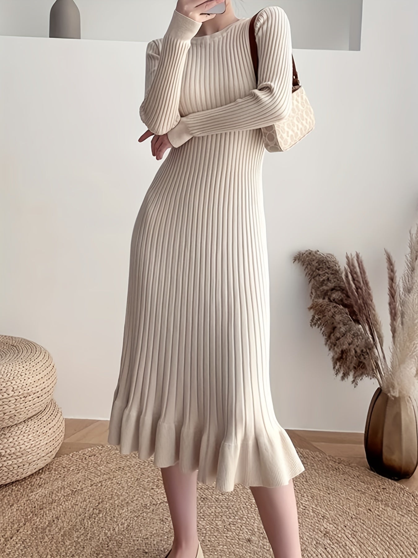 Sixsr Ribbed Ruffle Hem Dress, Elegant Crew Neck Long Sleeve Dress, Women's Clothing