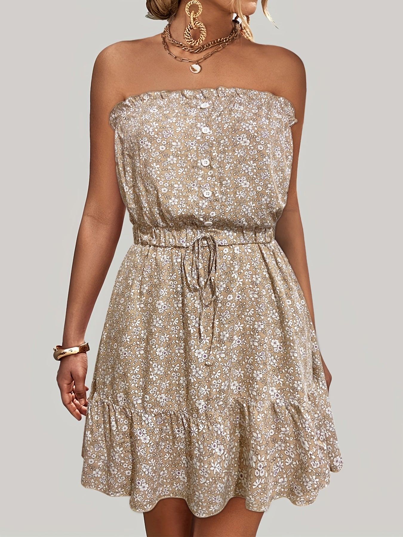 Sixsr Ditsy Floral Off Shoulder Dress, Sexy Sleeveless Drawstring Summer Dress, Women's Clothing