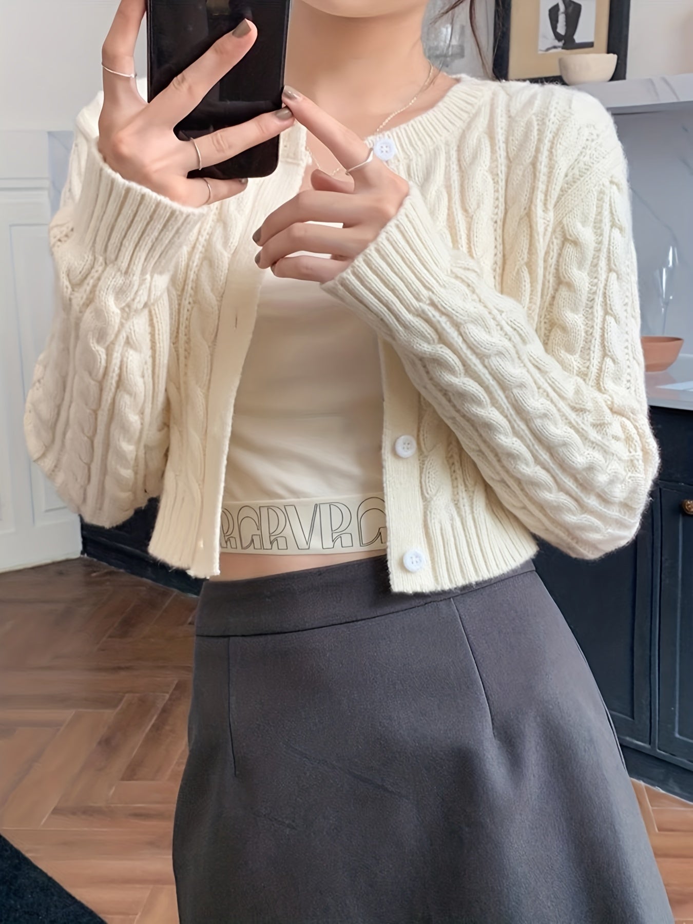 Sixsr Solid Button Up Cable Knit Cardigan, Casual Long Sleeve Crop Sweater, Women's Clothing