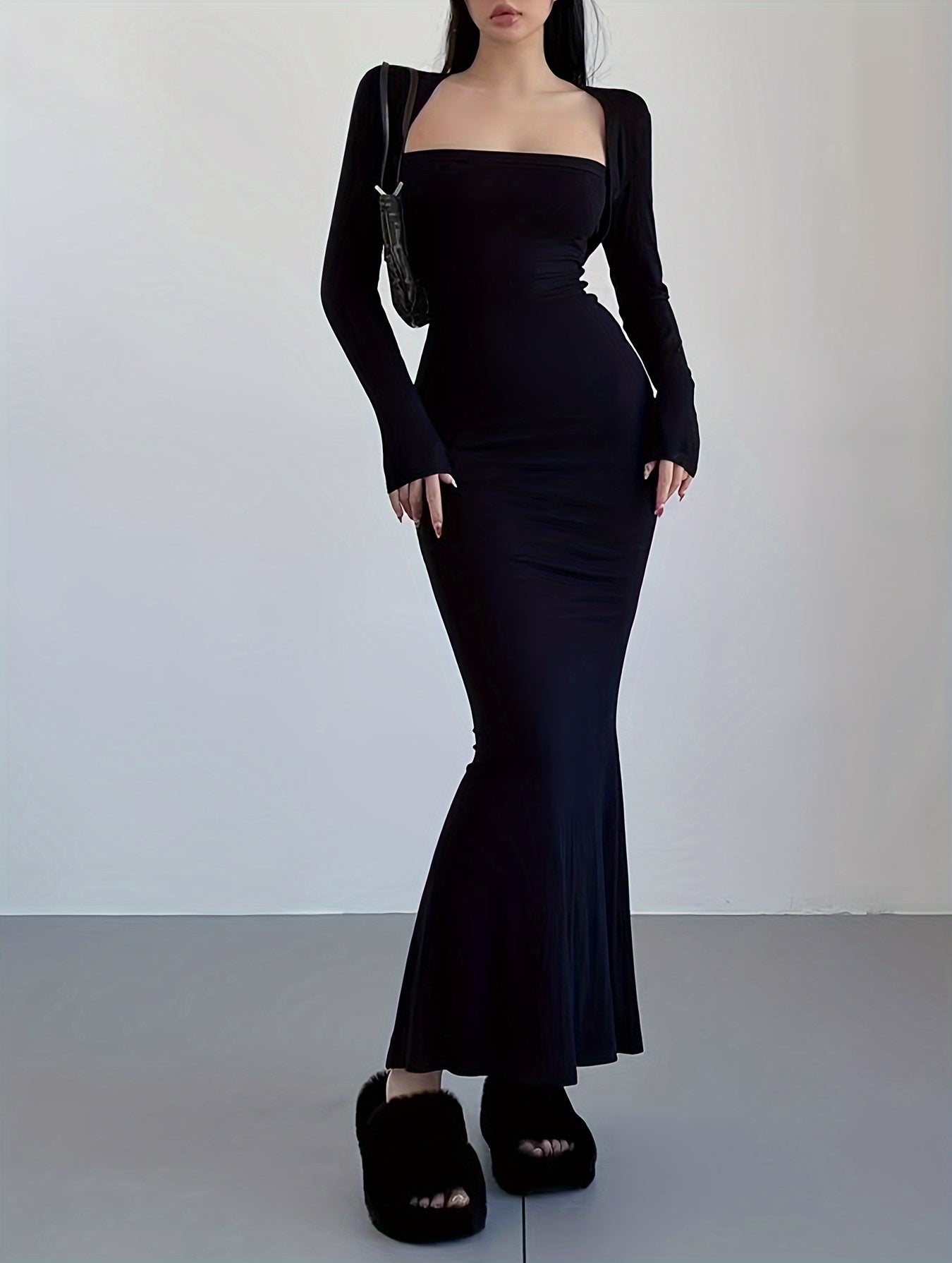 Sixsr Solid Square Neck Dress, Elegant Long Sleeve Maxi Dress, Women's Clothing