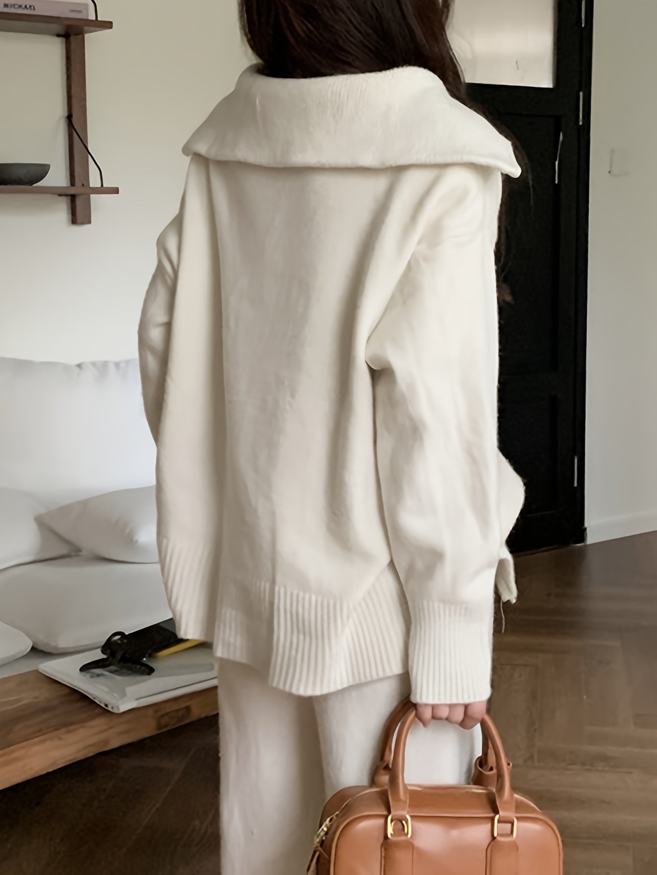 Sixsr Solid Zip Up Knit Cardigan, Casual Turndown Collar Long Sleeve Loose Sweater, Women's Clothing