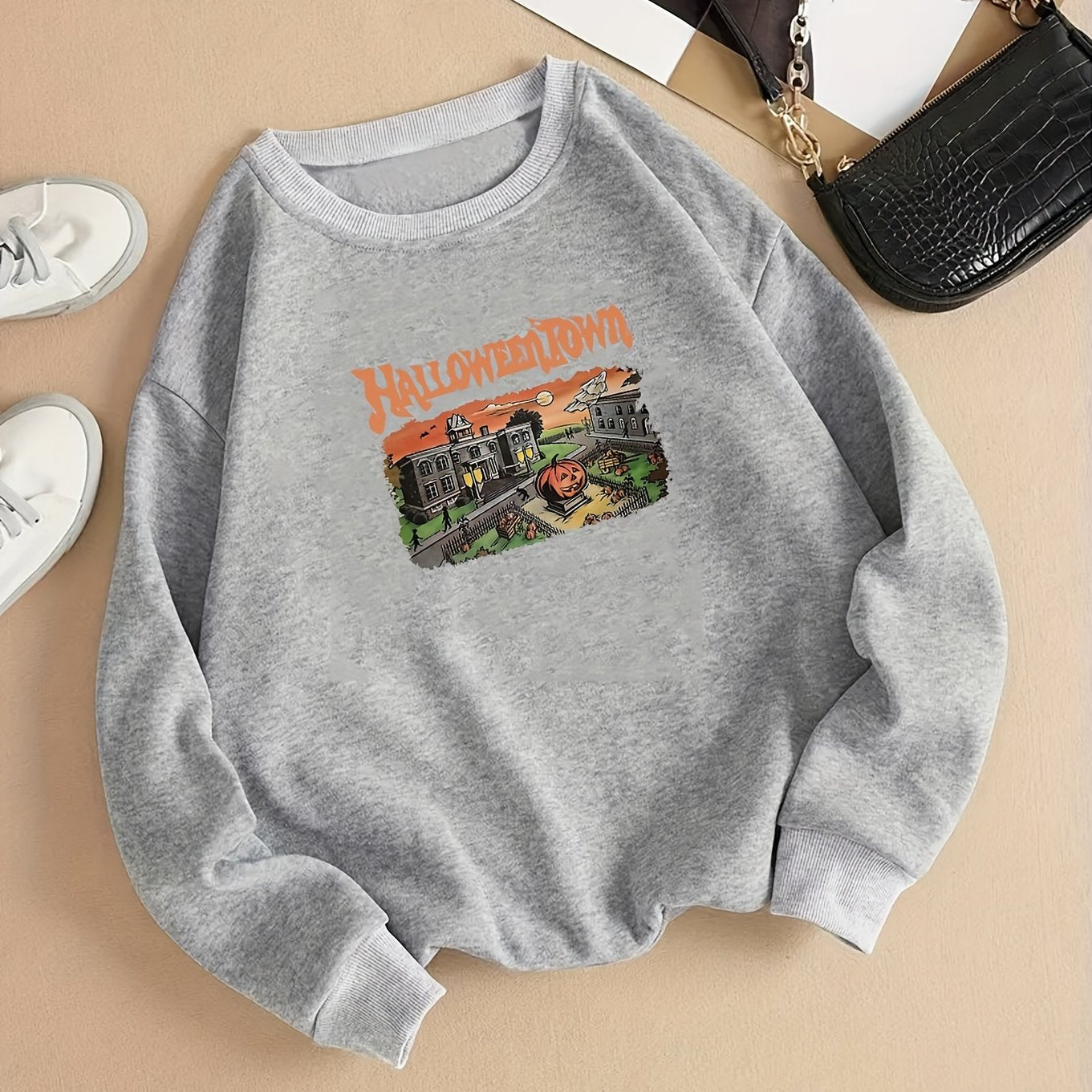 Sixsr Plus Size Halloween Casual Sweatshirt, Women's Plus Graphic & Letter Print Long Sleeve Round Neck Sweatshirt