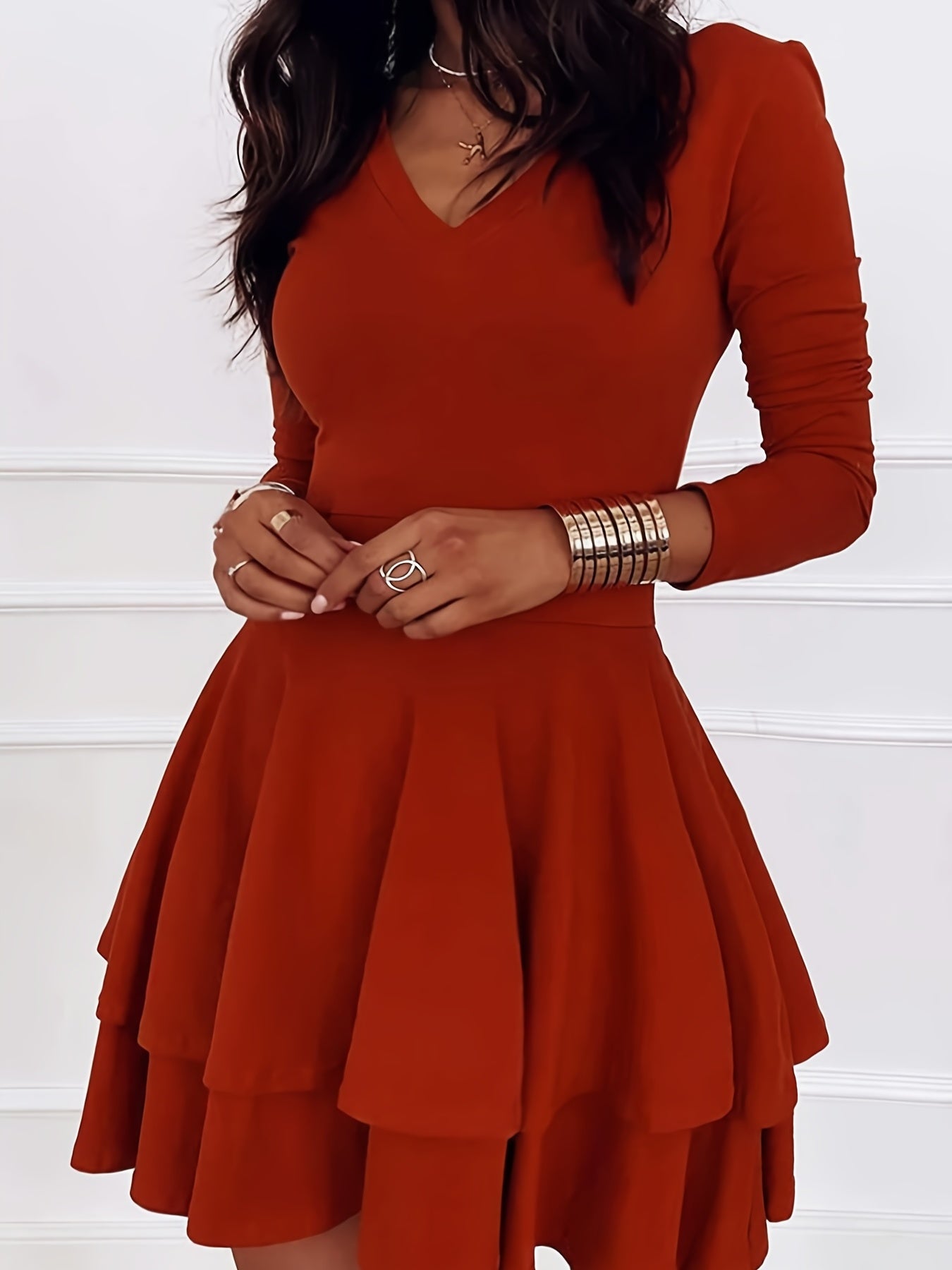 Sixsr Plus Size Elegant Dress, Women's Plus Solid Long Sleeve V Neck Layered Ruffle Trim High Stretch Mini Dress