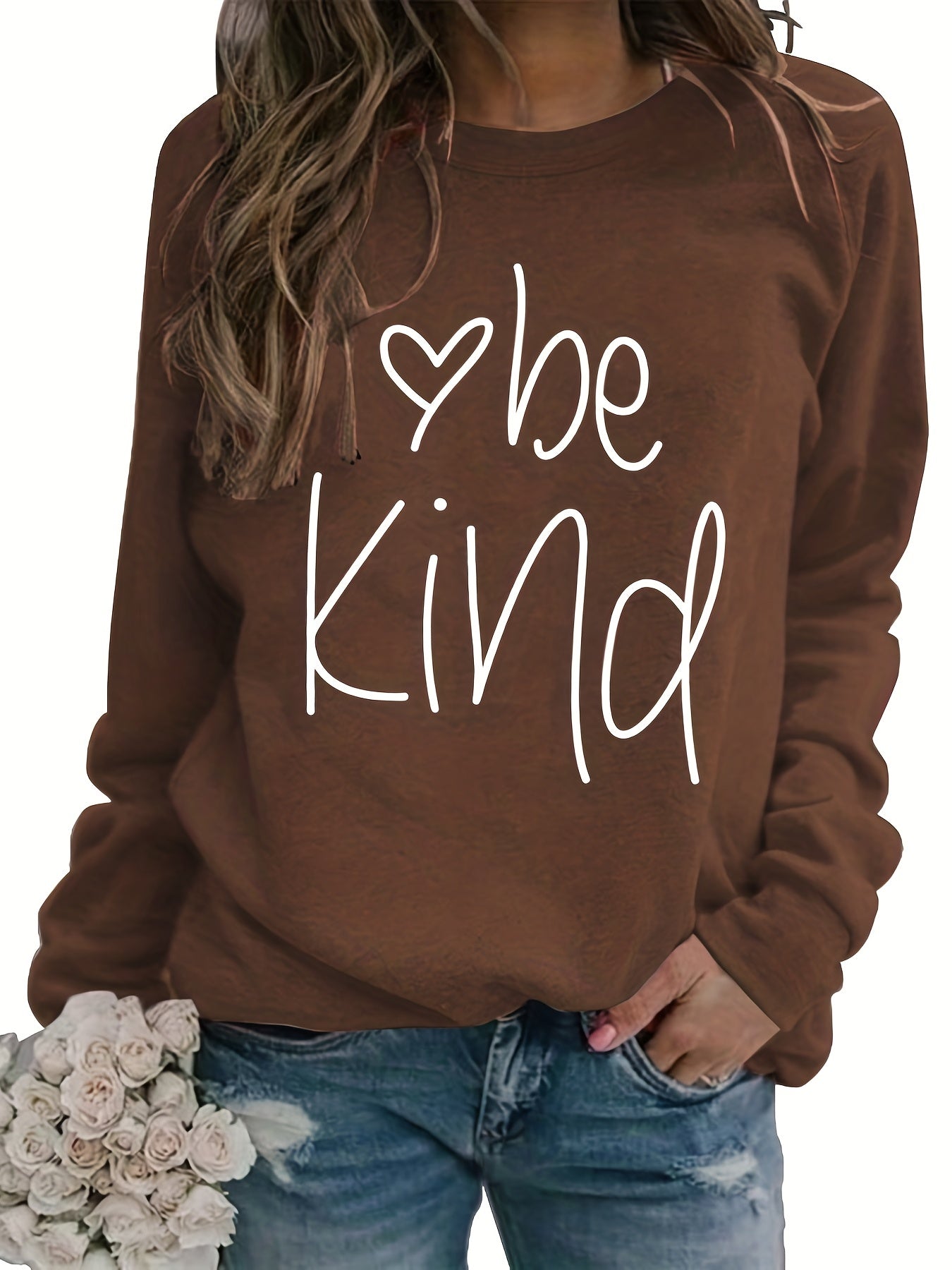 Sixsr Be Kind Letter Print Sweatshirt, Long Sleeve Crew Neck Pullover Sweatshirt, Casual Tops For Fall & Winter, Women's Clothing