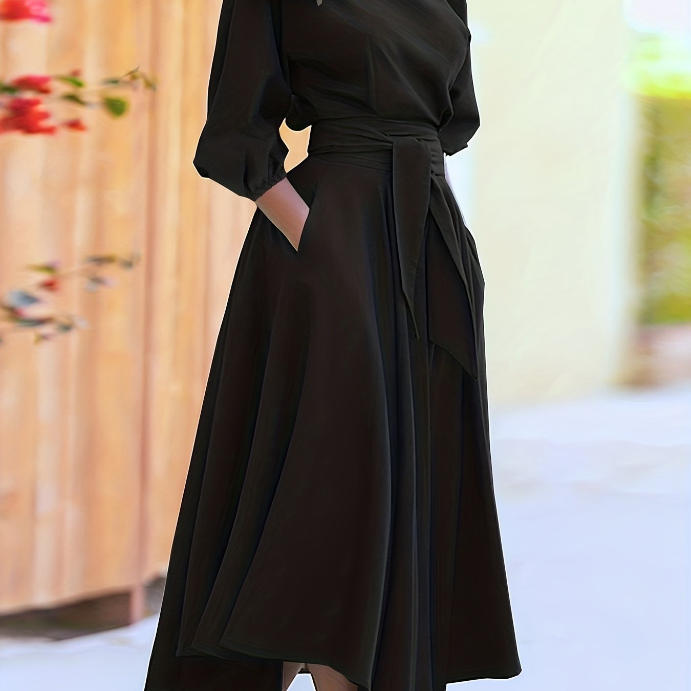 Sixsr Slant Shoulder Neck Tie Waist Dress, Elegant Dual Pockets Short Sleeve Dress, Women's Clothing