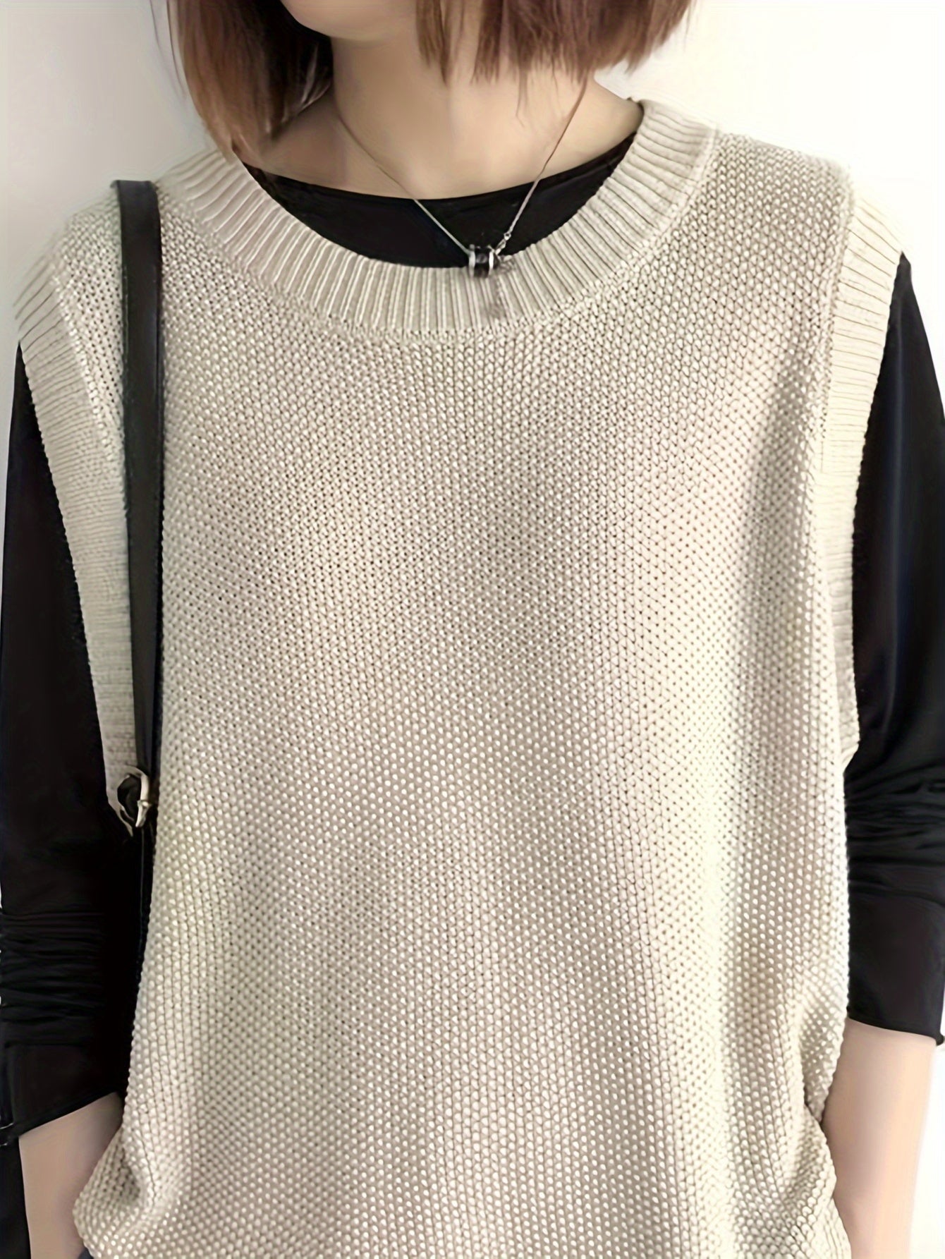 Sixsr Solid Crew Neck Knitted Vest, Casual Sleeveless Loose Sweater, Women's Clothing