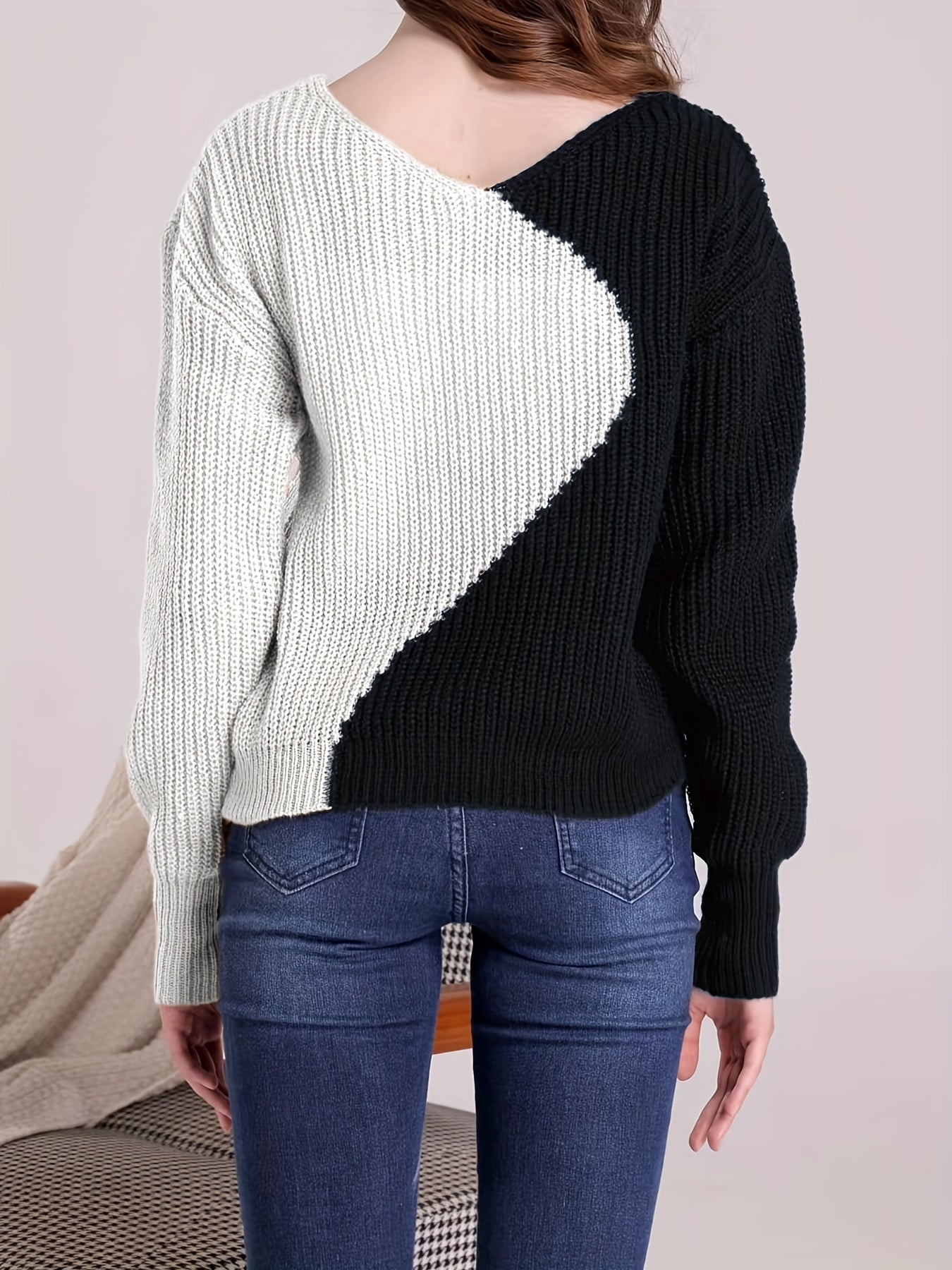 Sixsr Color Block Drop Shoulder Sweater, Casual V-neck Long Sleeve Sweater, Women's Clothing