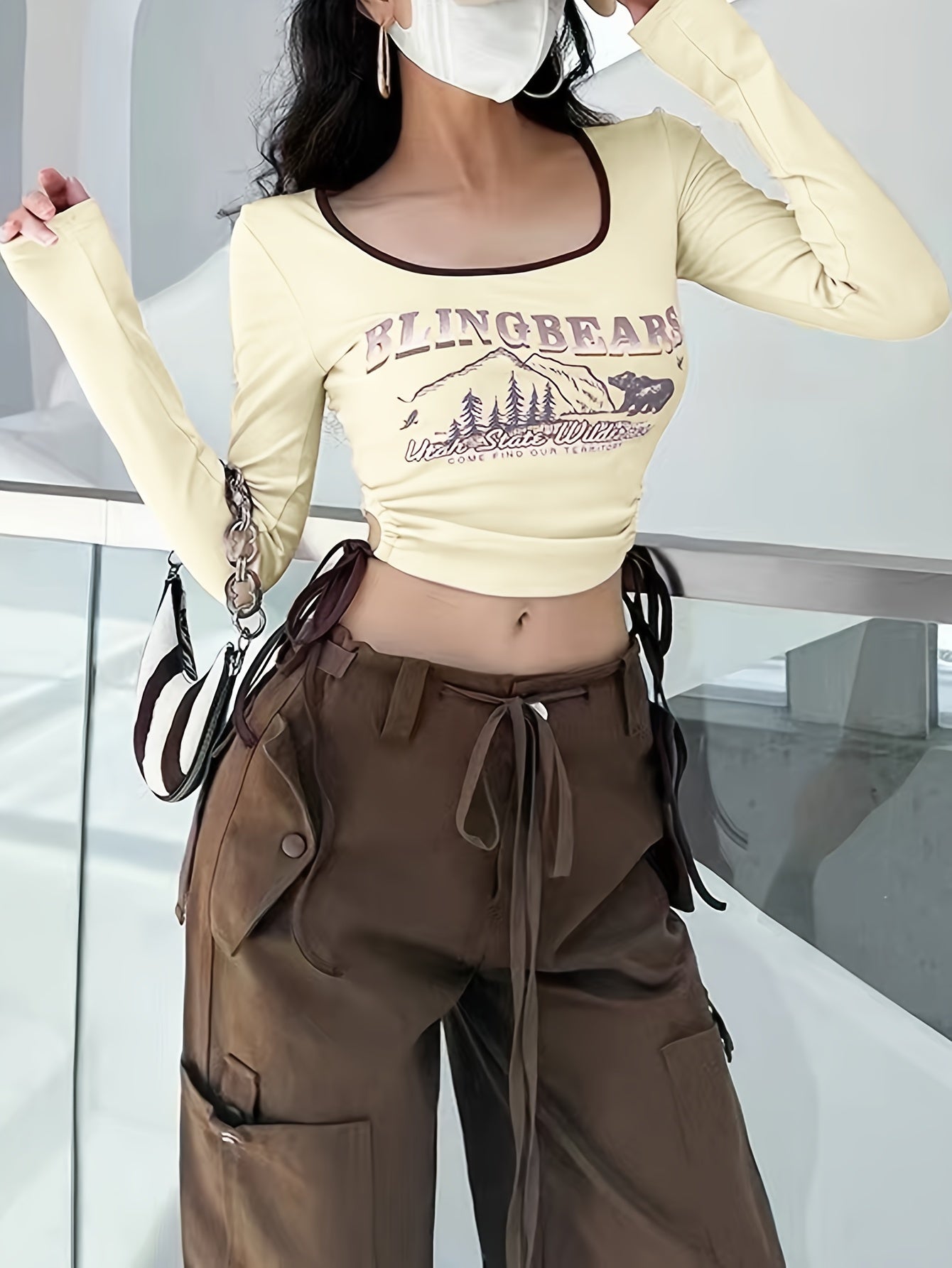 Sixsr Graphic & Letter Print Side Drawstring T-Shirt, Casual Cut Out Color Block Long Sleeve Crop Top, Women's Clothing