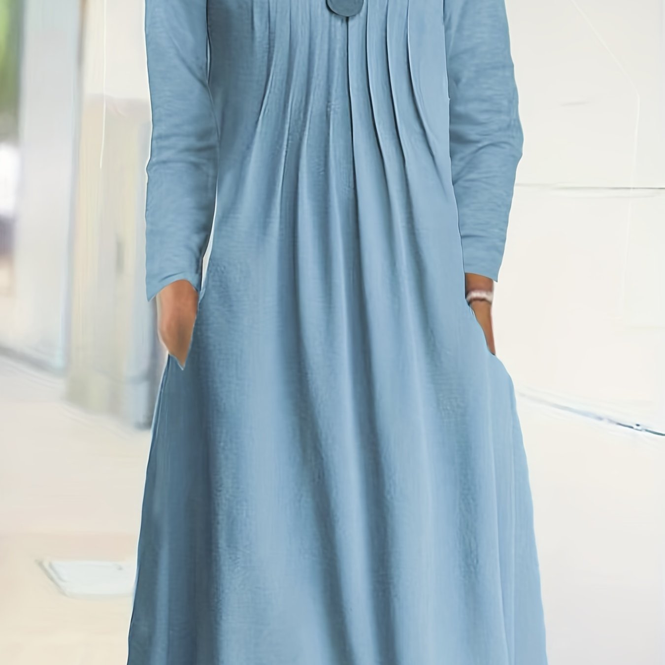 Sixsr Tucked Solid Dress, Casual Crew Neck Long Sleeve Dress, Women's Clothing