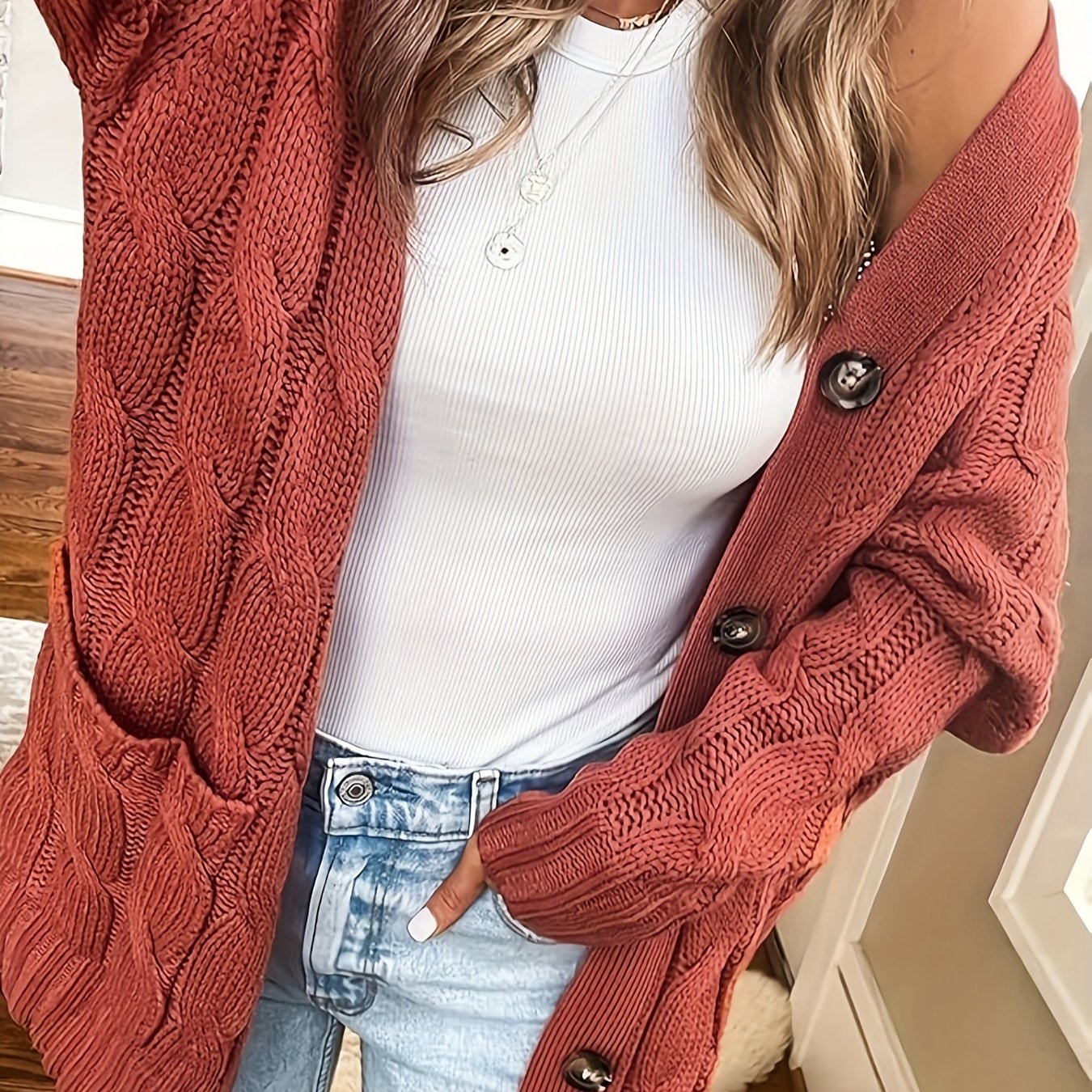 Sixsr Cable Knit Button Front Cardigan, Casual Solid Long Sleeve Cardigan For Fall & Winter, Women's Clothing