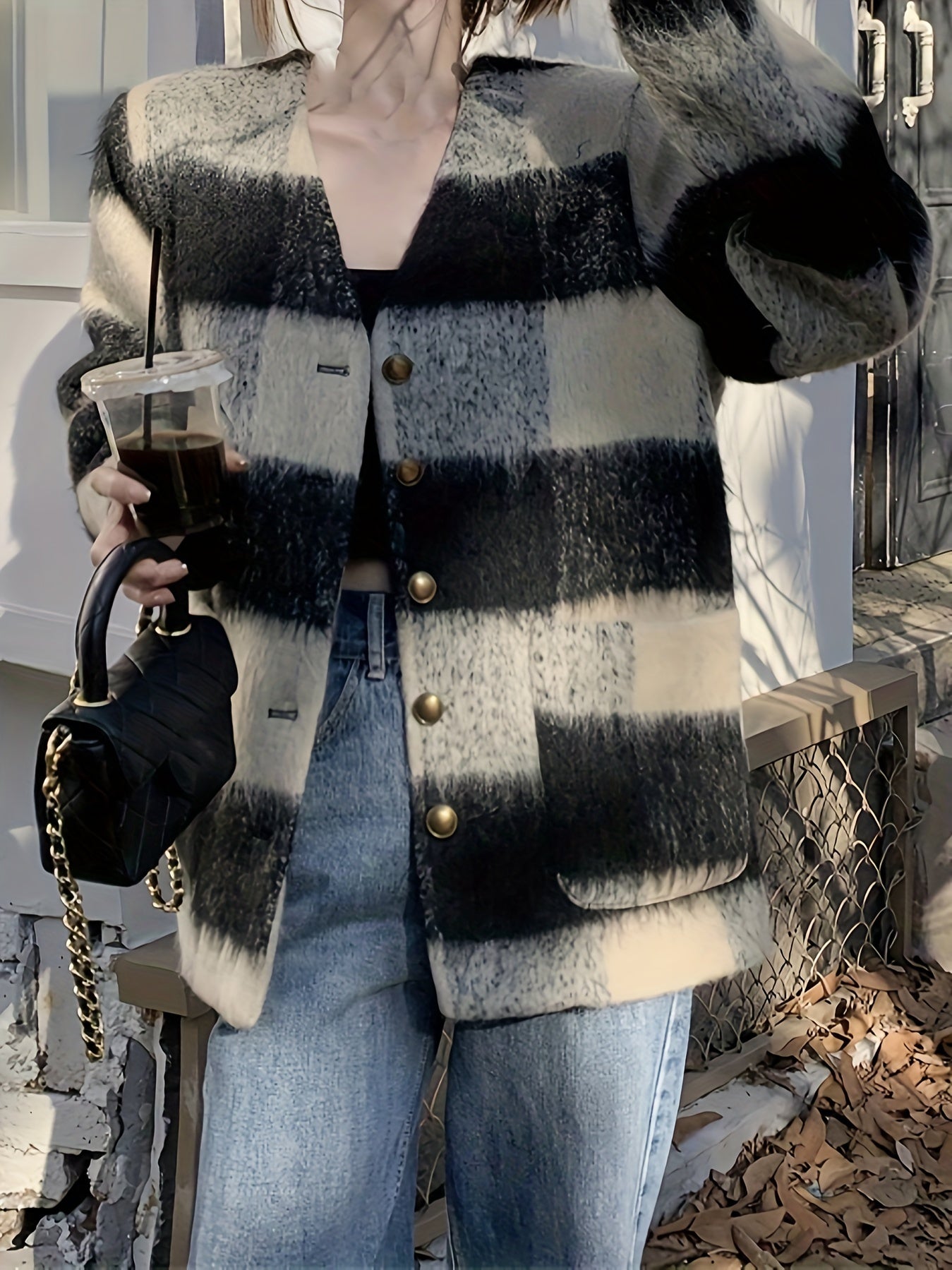 Sixsr Plaid Print Button Front Coat, Chic Long Sleeve Dual Pockets Cardigan For Fall & Winter, Women's Clothing