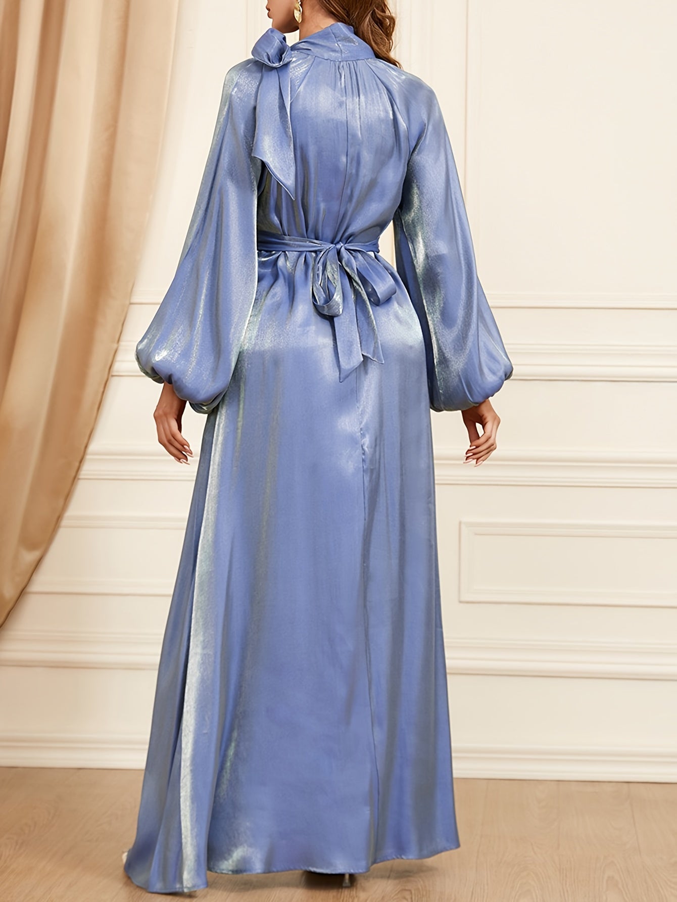 Solid Tie Neck Dress, Elegant Loose Long Sleeve Dress For Party & Banquet, Women's Clothing