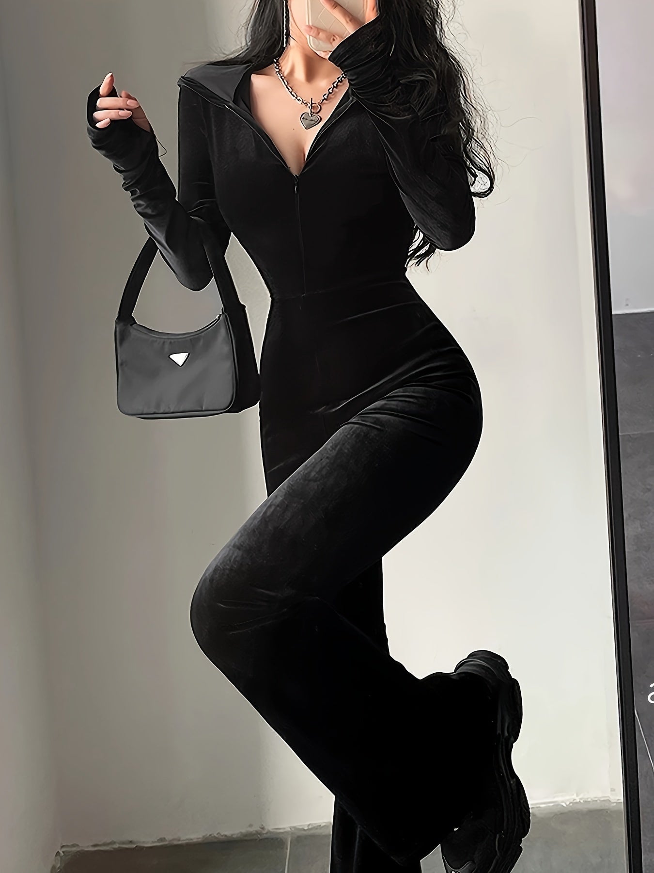 Sixsr Velvet Zip Up Jumpsuit, Casual Long Sleeve Flare Leg Jumpsuit, Women's Clothing