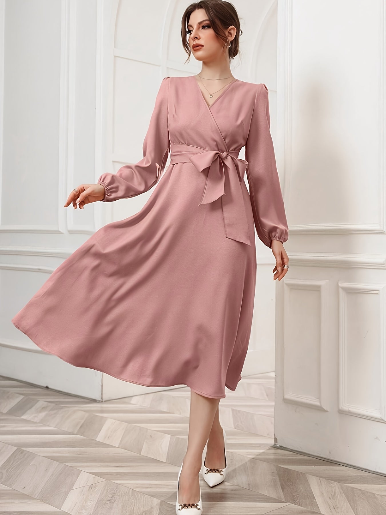 Sixsr Solid Surplice Neck Dress, Elegant Long Sleeve Belted Dress, Women's Clothing