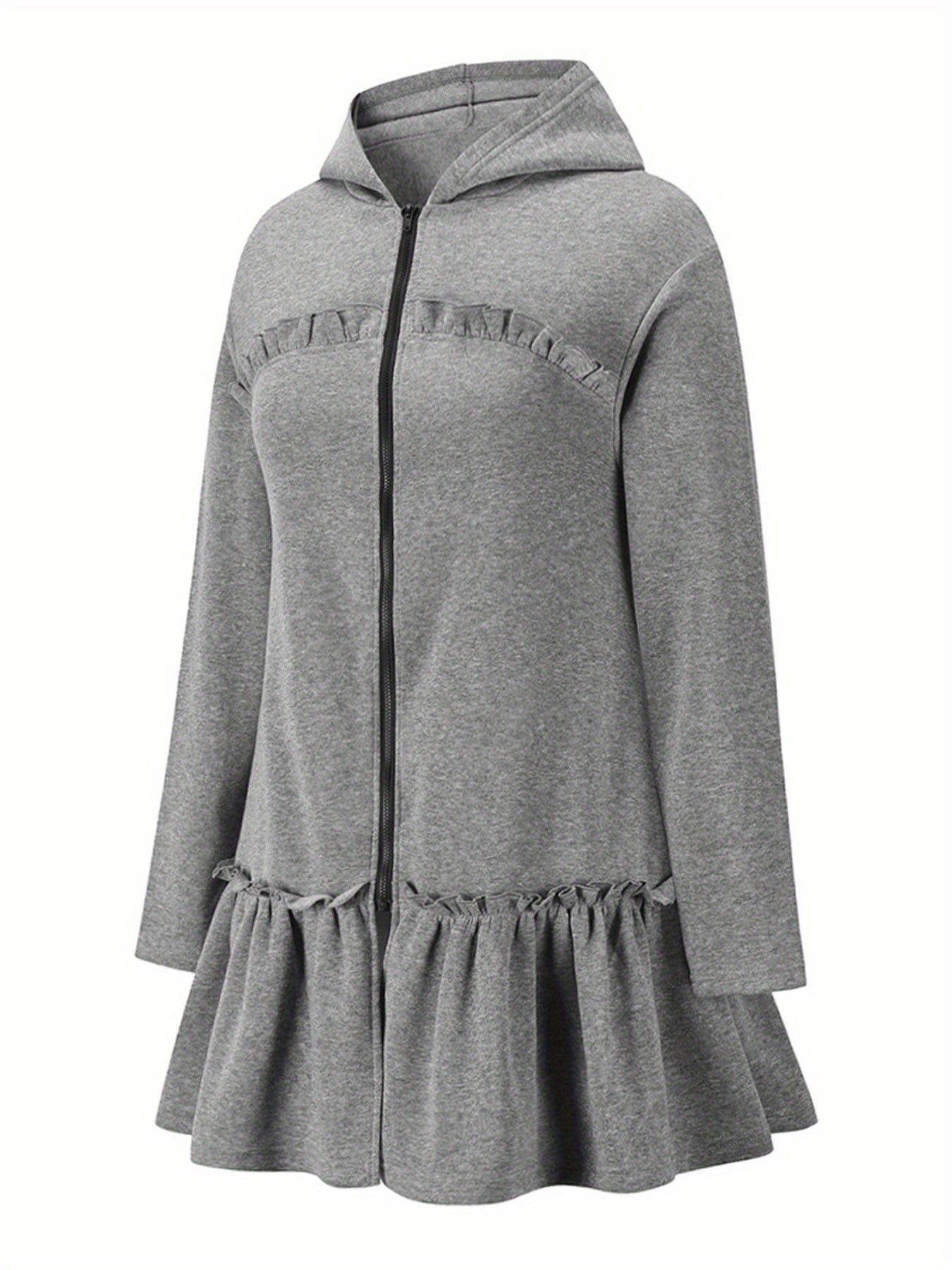 Sixsr Flared Ruffle Trim Hoodies, Casual Zip Up Long Sleeve Solid Sweatshirt, Women's Clothing