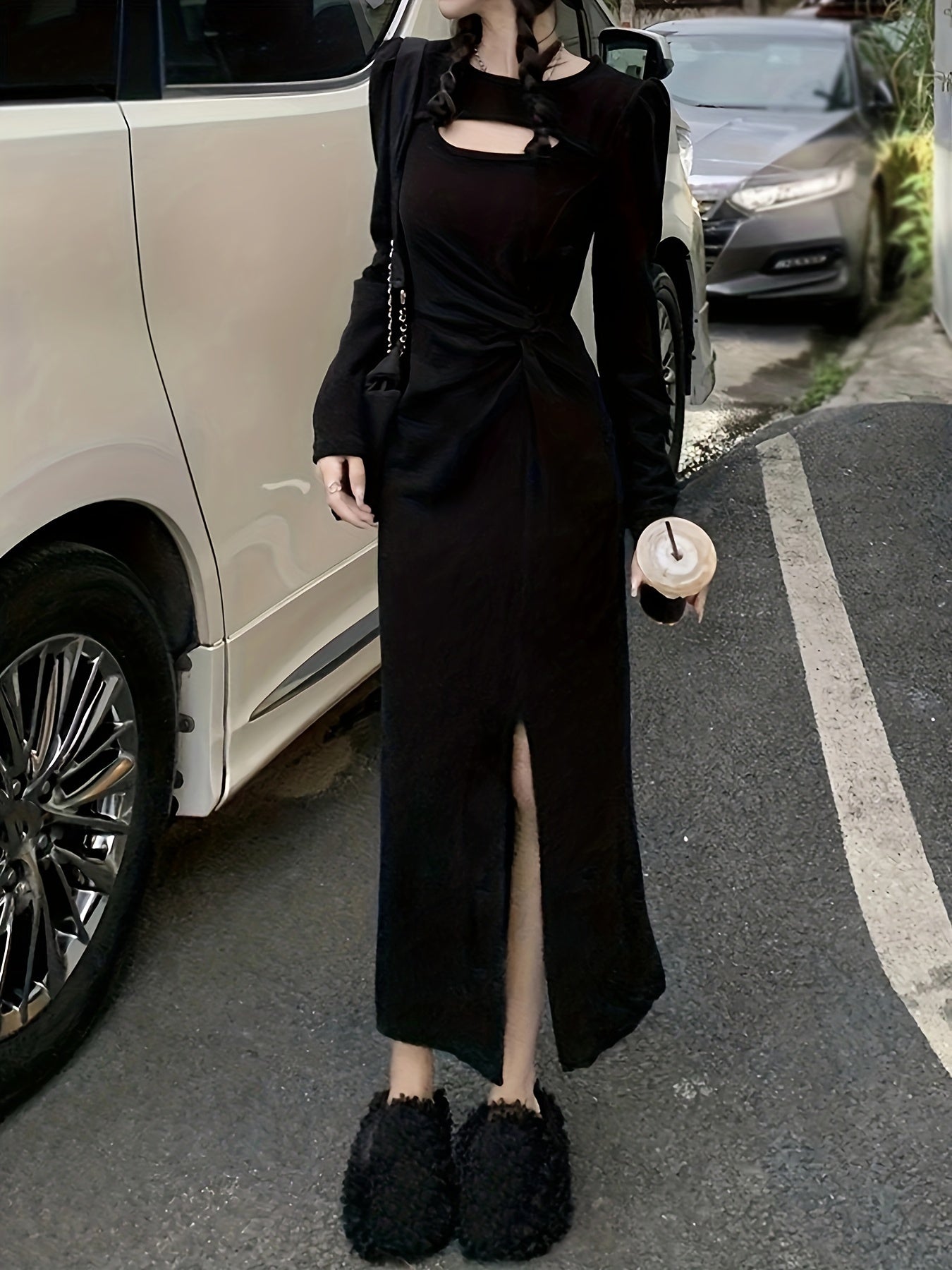 Sixsr Cut Out Knot Front Split Hem Dress, Elegant Long Sleeve Slim Solid Dress For Spring & Fall, Women's Clothing