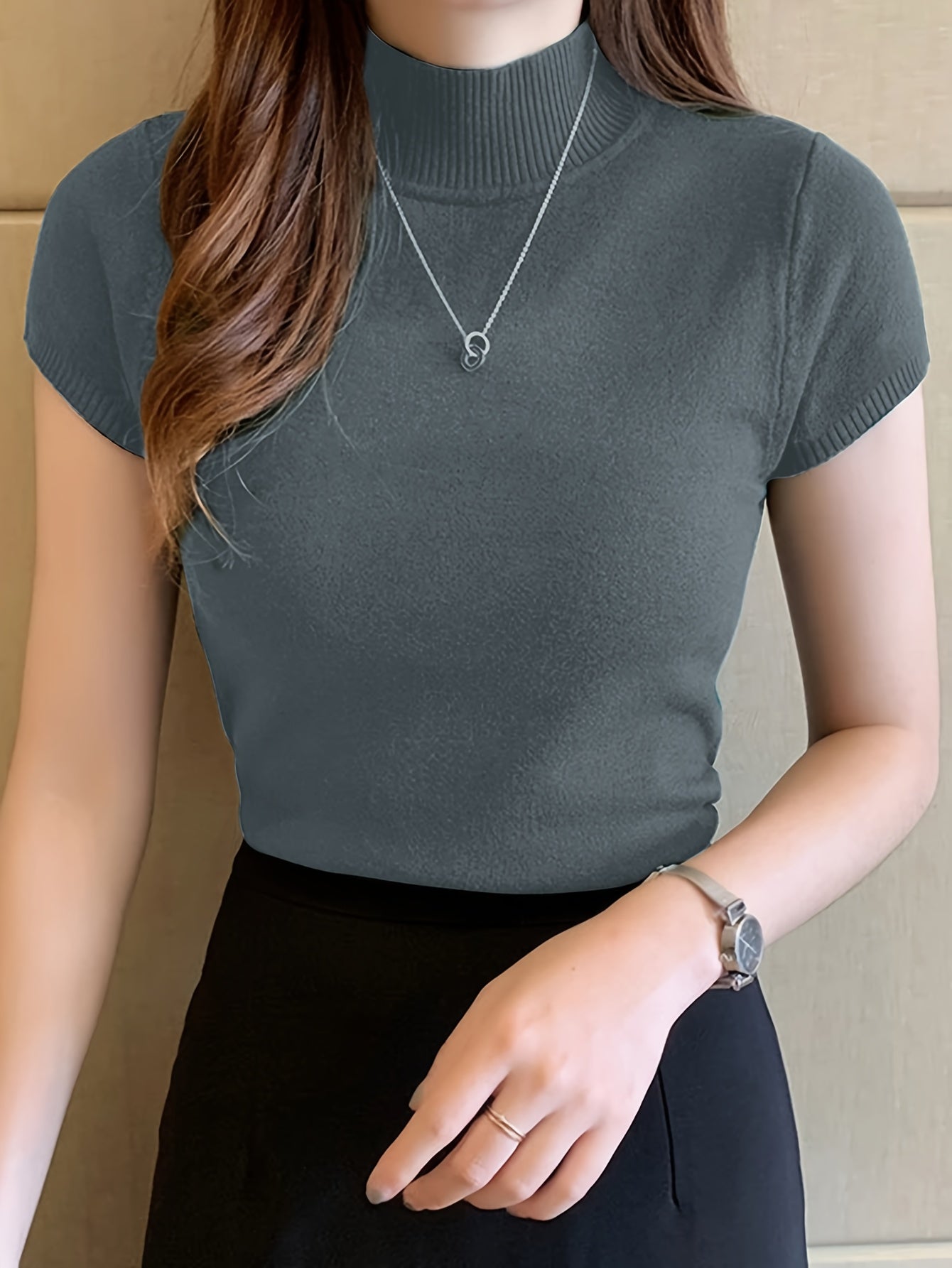 Sixsr Solid Mock Neck Knit Sweater, Casual Short Sleeve Sweater, Women's Clothing