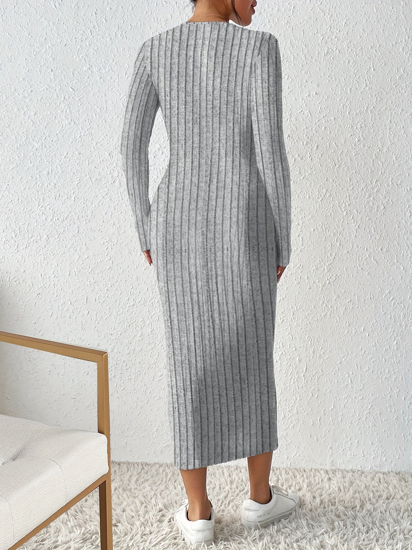 Sixsr Half Zip Ribbed Dress, Casual Solid Long Sleeve Every Day Dress, Women's Clothing