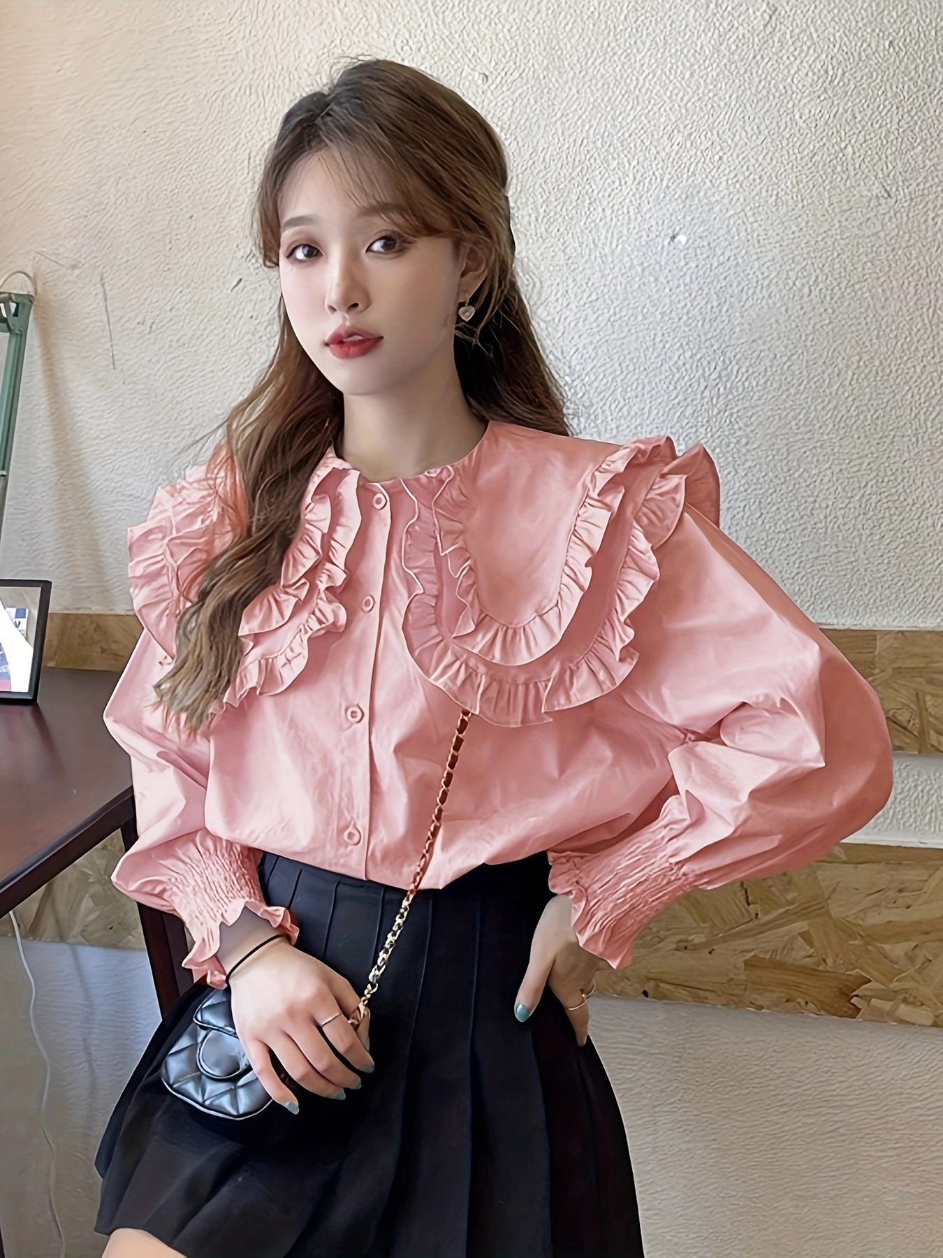 Sixsr Solid Lapel Collar Lettuce Trim Blouse, Long Sleeve Button Up Casual Blouse, Women's Clothing