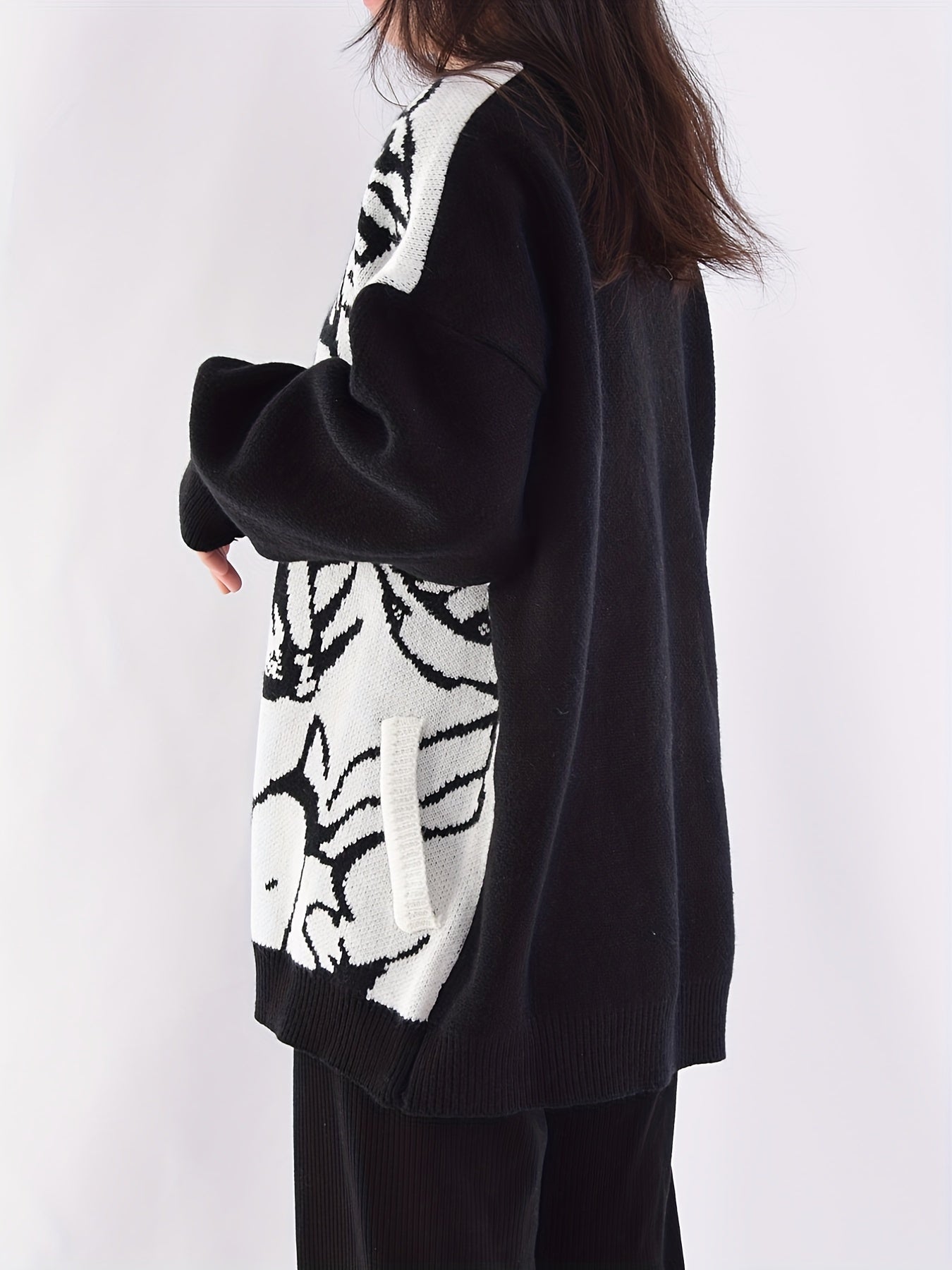 Sixsr Graphic Pattern Button Down Knit Cardigan, Vintage Long Sleeve Loose Sweater, Women's Clothing