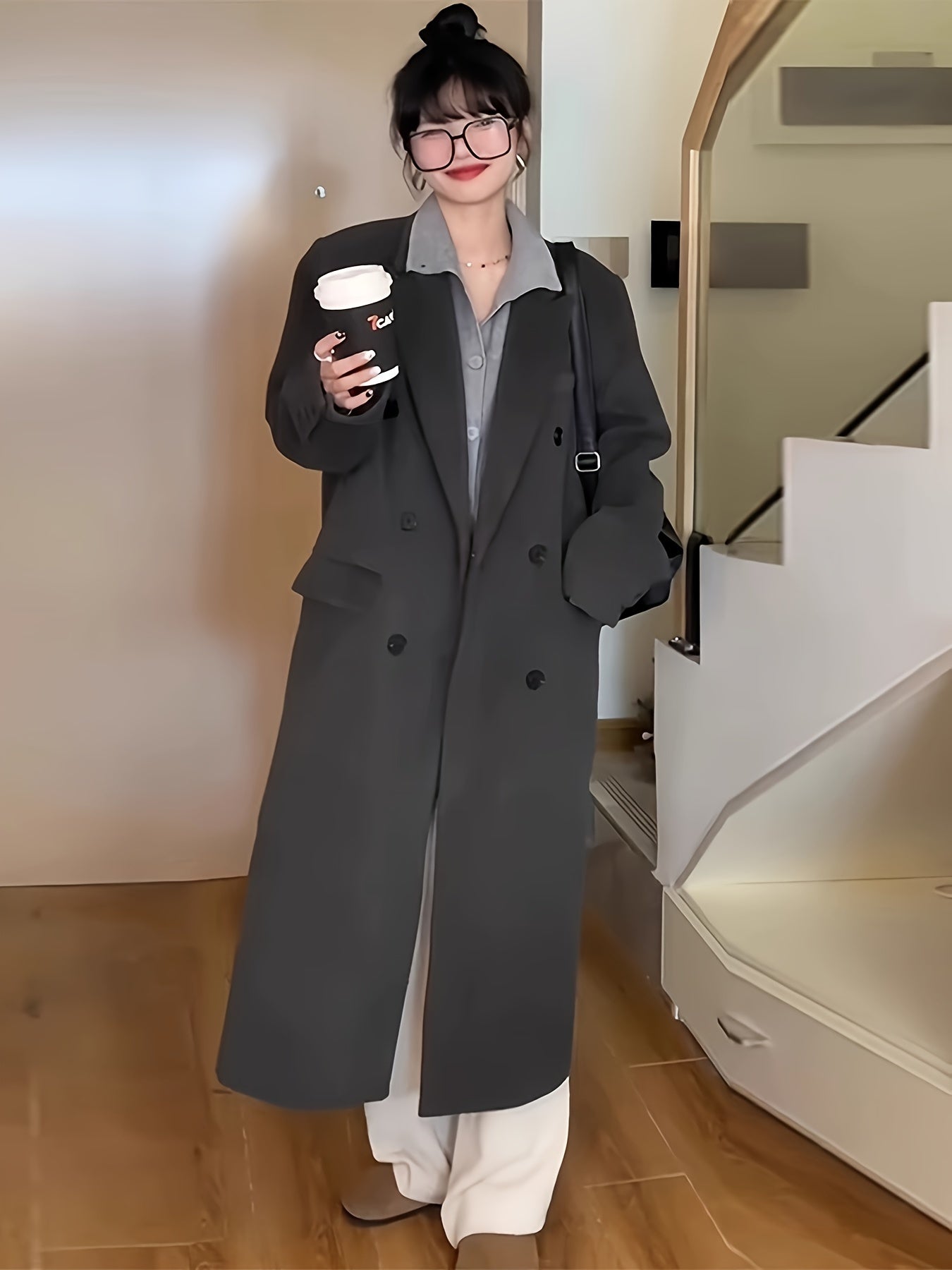Sixsr Notched Collar Double-breasted Coat, Casual Long Sleeve Midi Overcoat For Fall & Winter, Women's Clothing