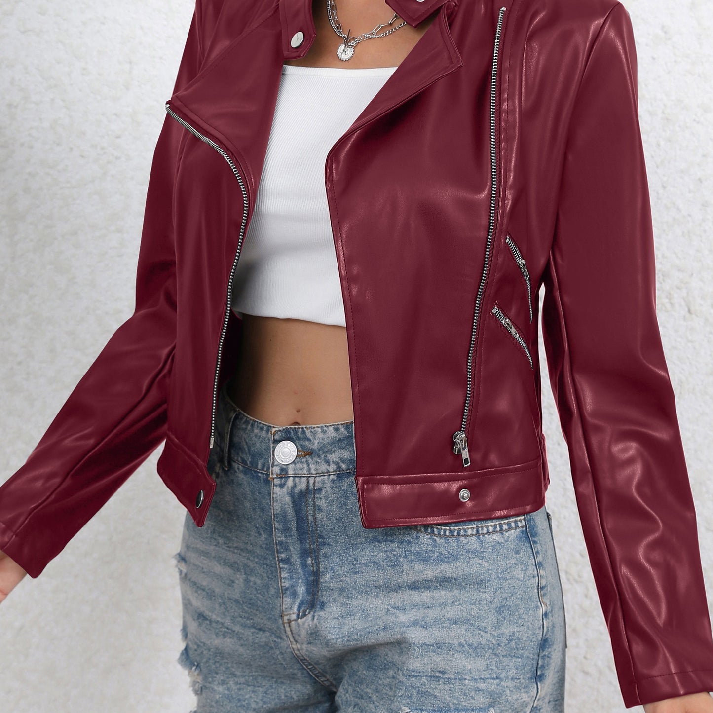 Sixsr Faux Leather Zip Up Jacket, Biker Long Sleeve Jacket For Fall & Winter, Women's Clothing