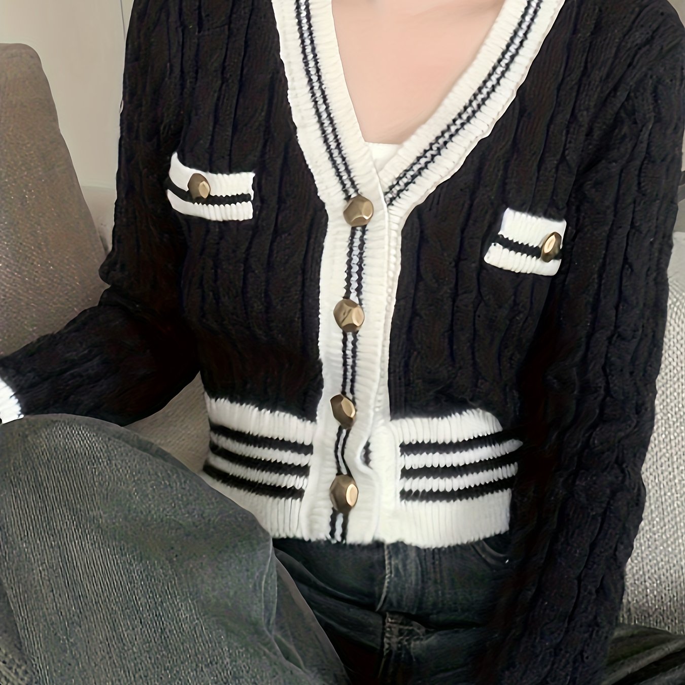 Sixsr Contrast Trim Button Down Cable Knit Cardigan, Casual V Neck Long Sleeve Crop Sweater, Women's Clothing