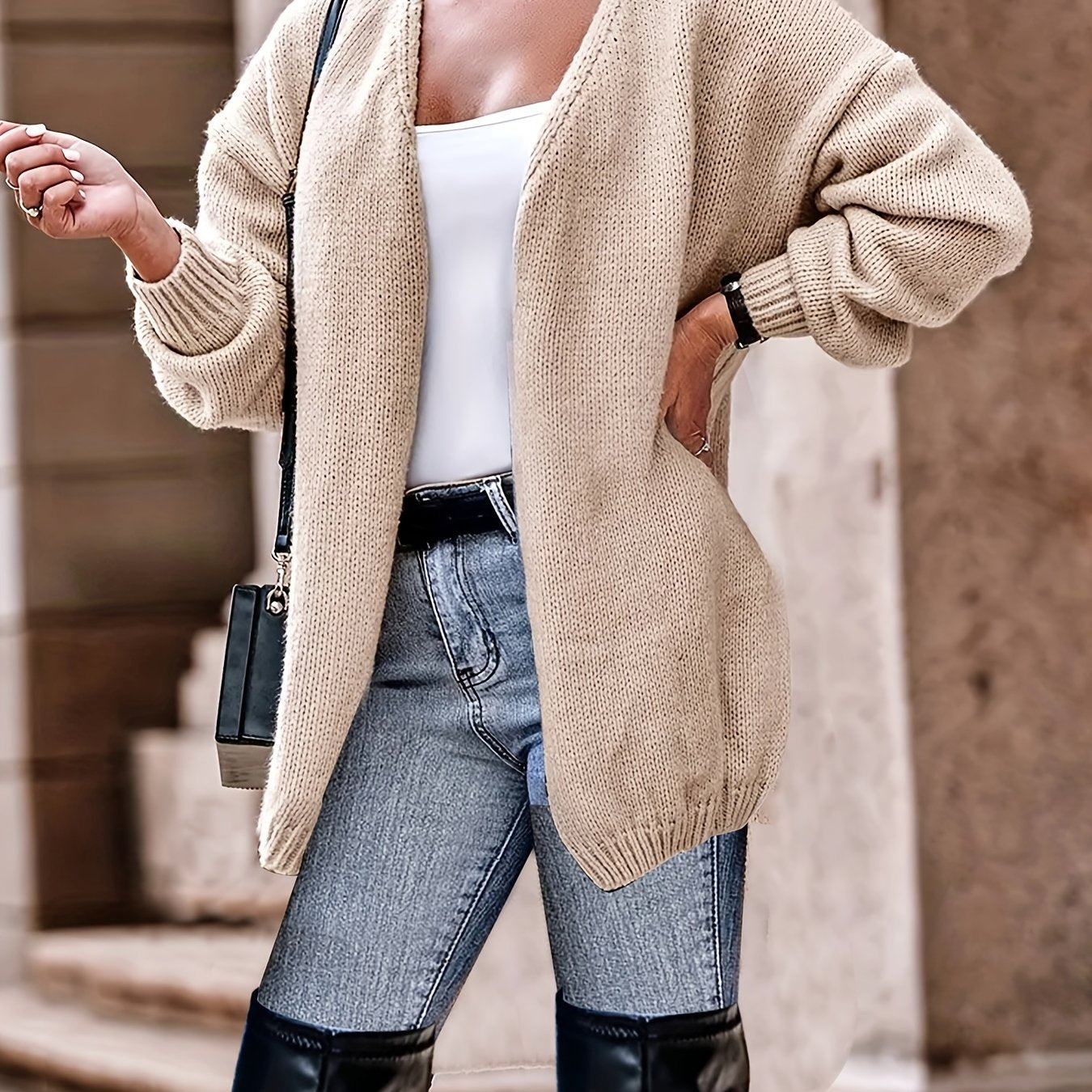 Sixsr Plus Size Casual Cardigan, Women's Plus Plain Long Sleeve Open Front High Stretch Cardigan