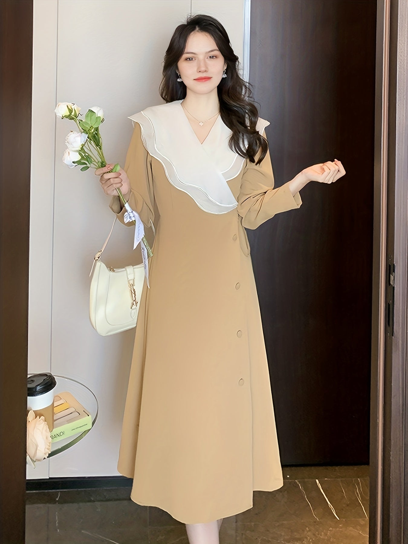 Sixsr Ruffle Trim Surplice Neck Dress, Elegant Long Sleeve Solid Dress, Women's Clothing