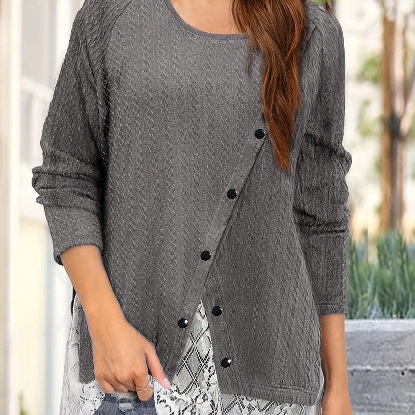 Sixsr Plus Size Casual Knit Top, Women's Plus Colorblock Contrast Lace Button Decor Jacquard Long Sleeve Round Neck Knit Top
