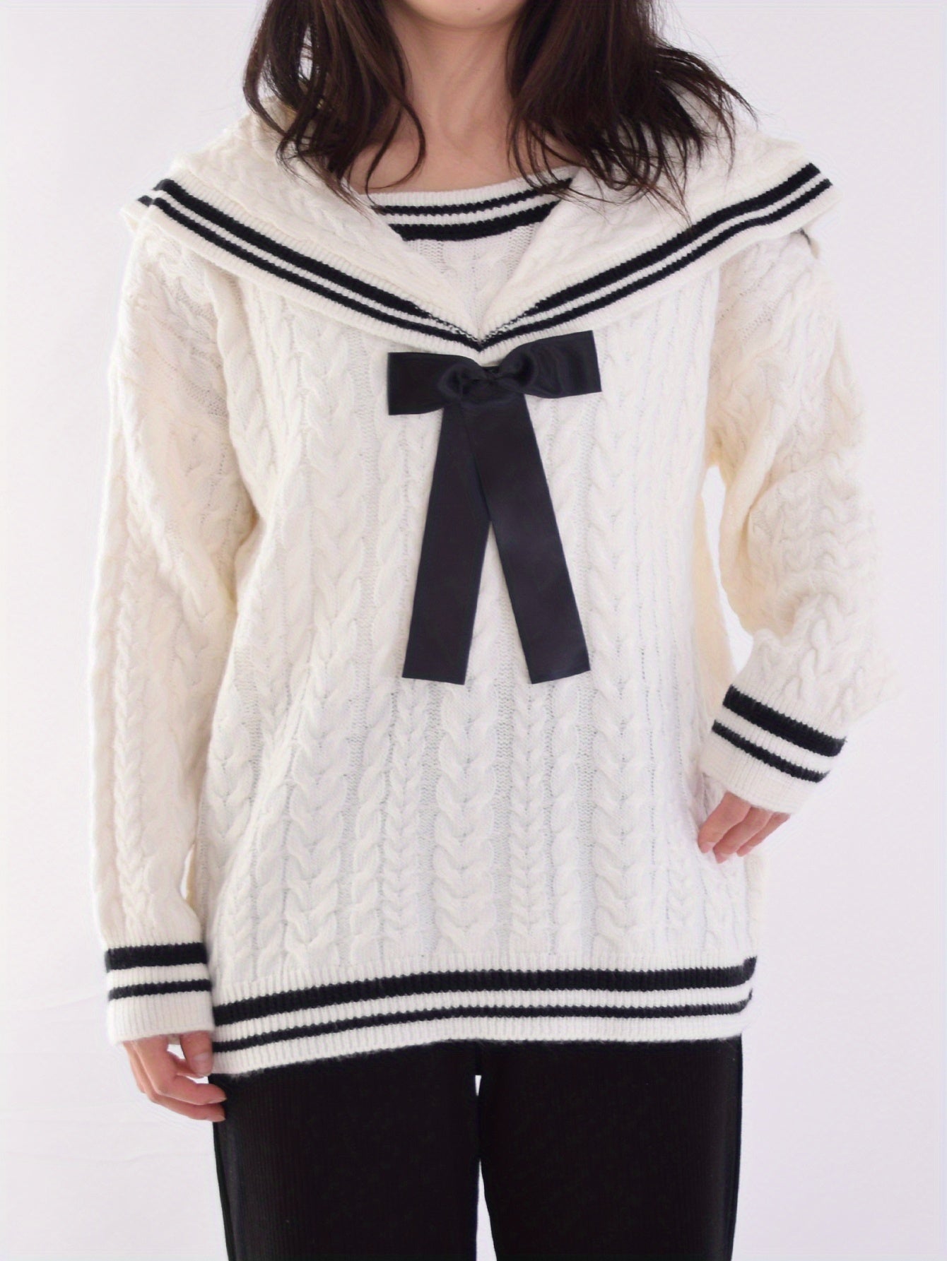 Sixsr Bow Tie Knit Sweater, Casual Sailor Collar Long Sleeve Sweater For Fall & Winter, Women's Clothing