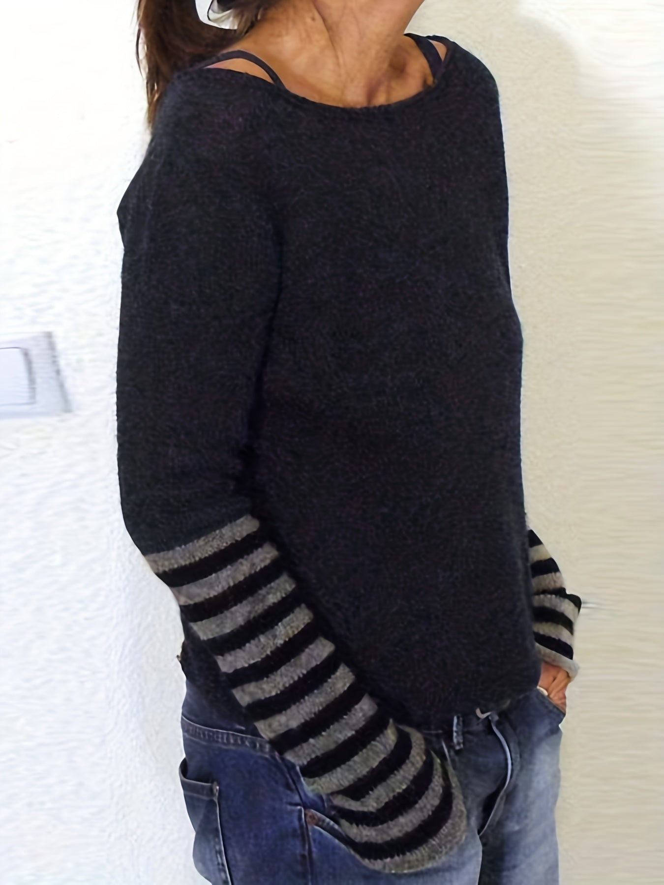 Sixsr Plus Size Casual Sweater, Women's Plus Colorblock Stripe Print Long Sleeve Boat Neck Sweater