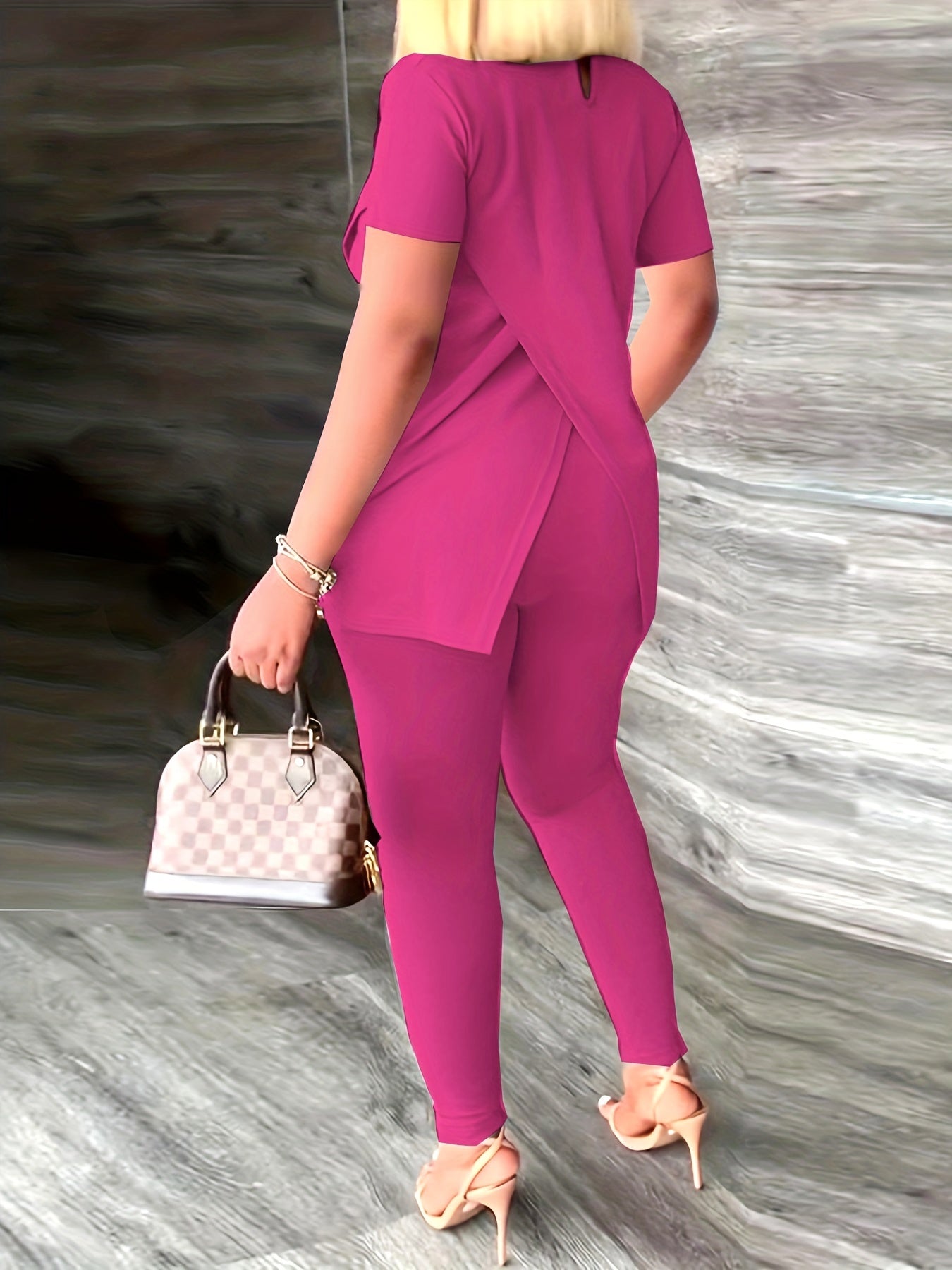 Women's two-piece Solid Casual Set - Split Short Sleeve Tee & High Waist Slim Pants Outfit for Comfortable and Stylish Look