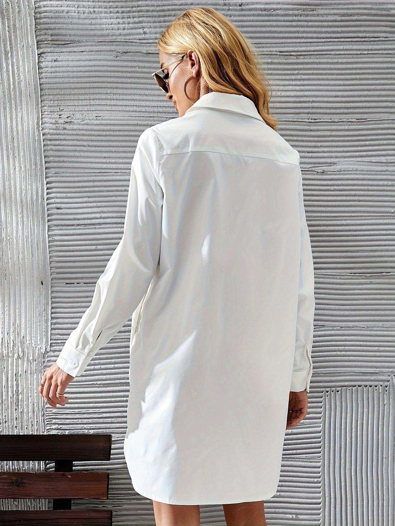 Sixsr Solid Color Button Front Shirt Dress, Long Sleeve Lapel Neck Pocket Dress, Women's Clothing