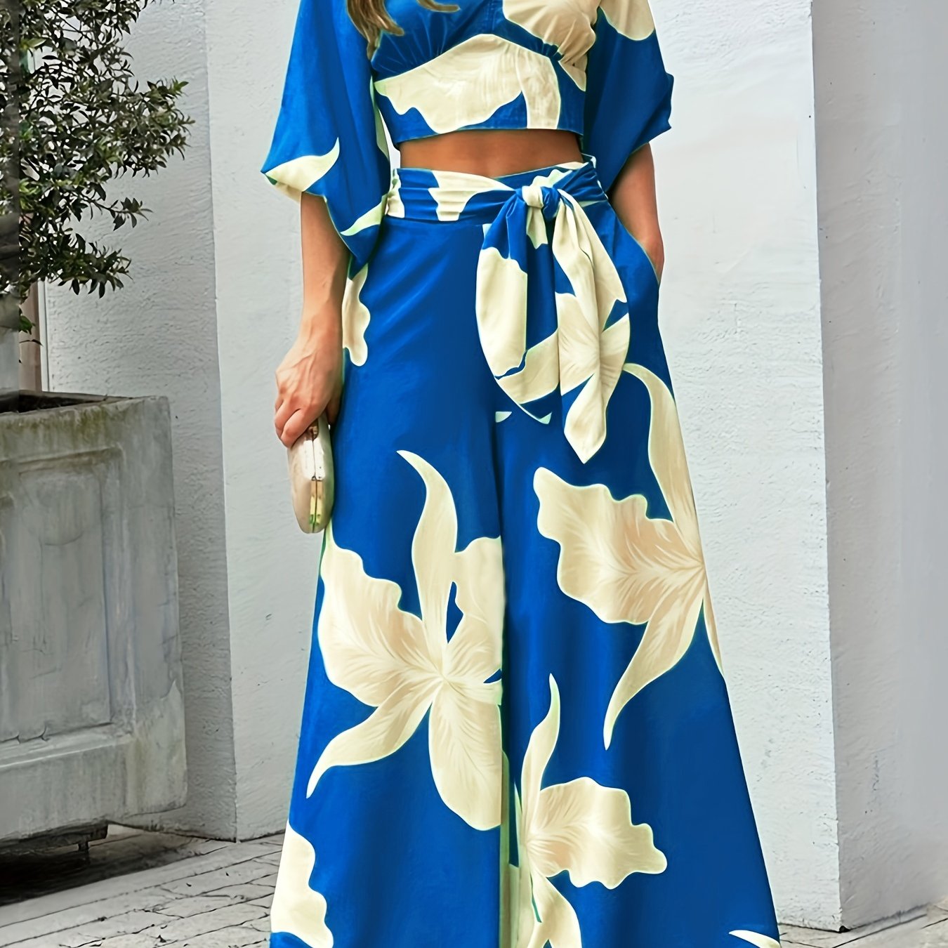 Floral Print V-neck Lace Up Suit, High Waist Wide Leg Pants And Lantern Sleeve V-neck Top Set, Women's Clothing