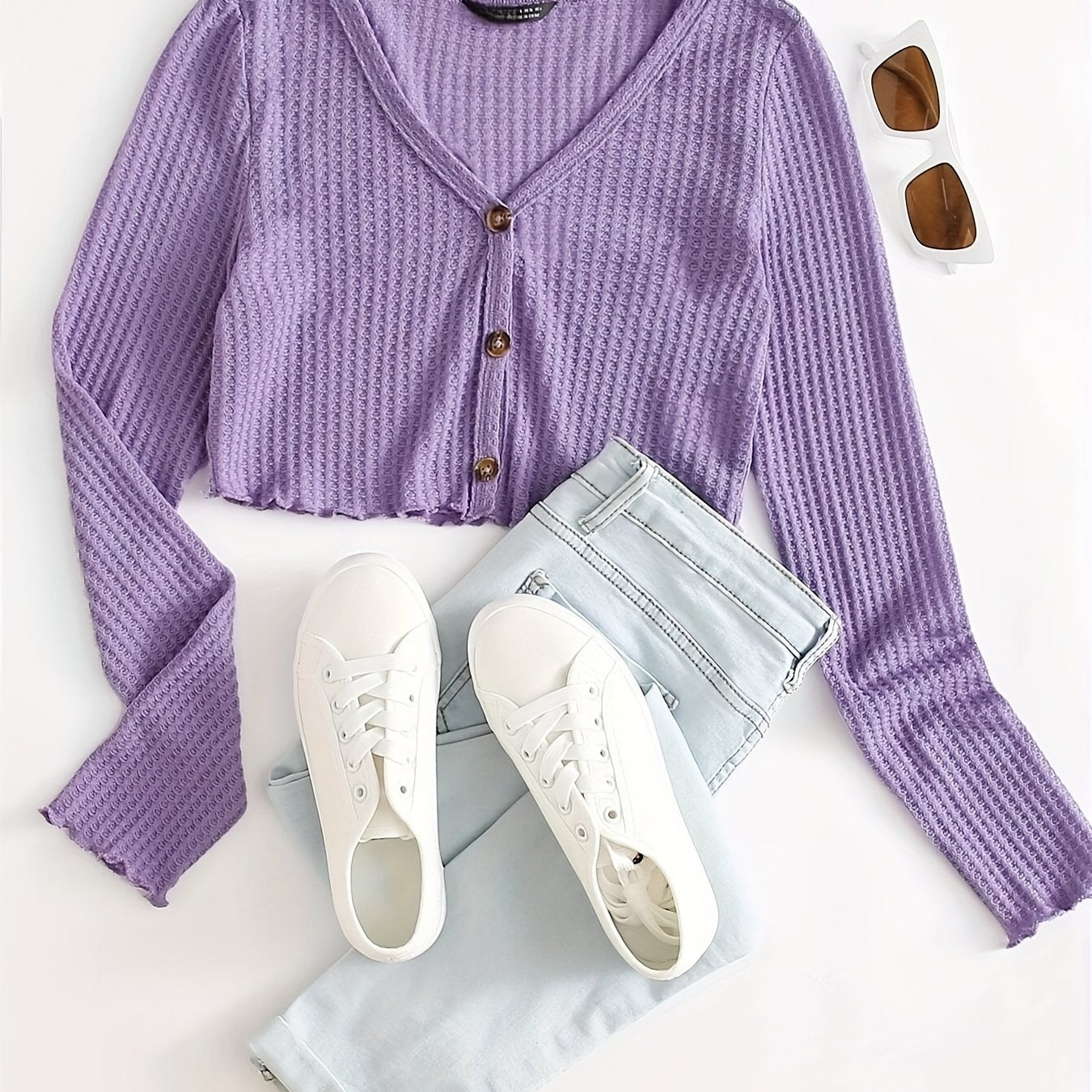Sixsr Solid Lettuce Trim Knit Cardigan, Casual Button Front Long Sleeve Sweater, Women's Clothing