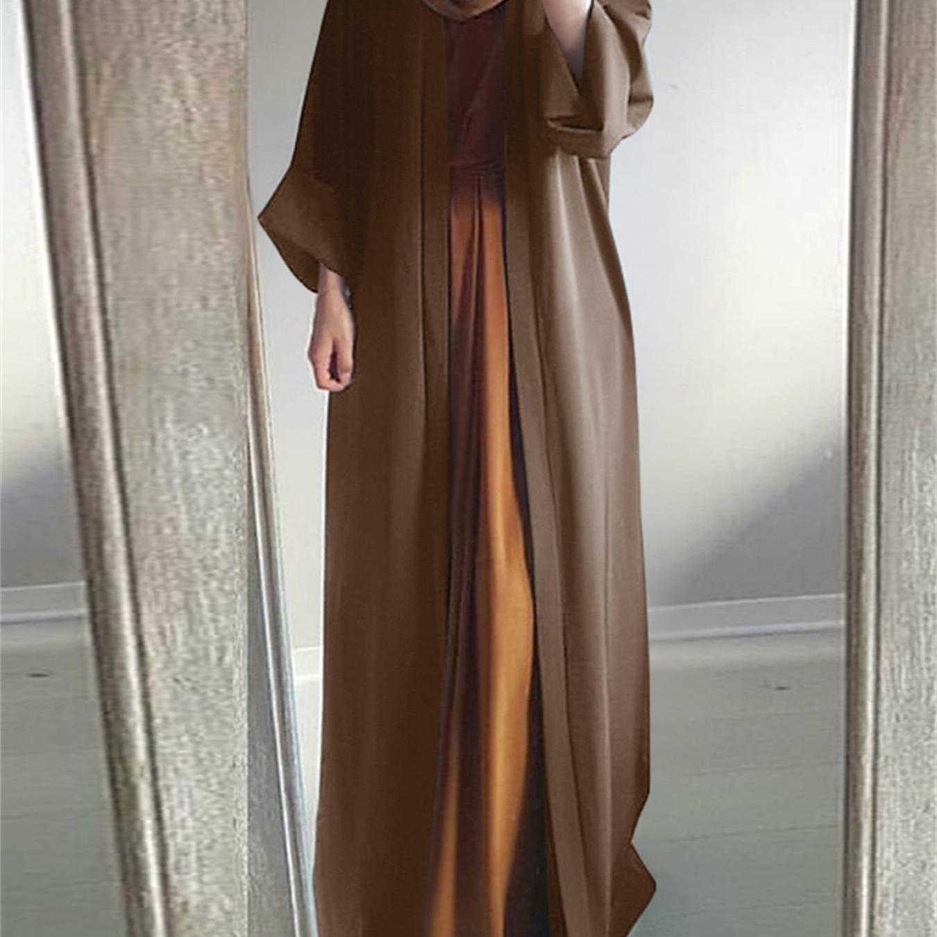 Sixsr Plus Size Modest Abaya Robe, Women's Plus Solid Long Sleeve Open Front Loose Turkey Robe