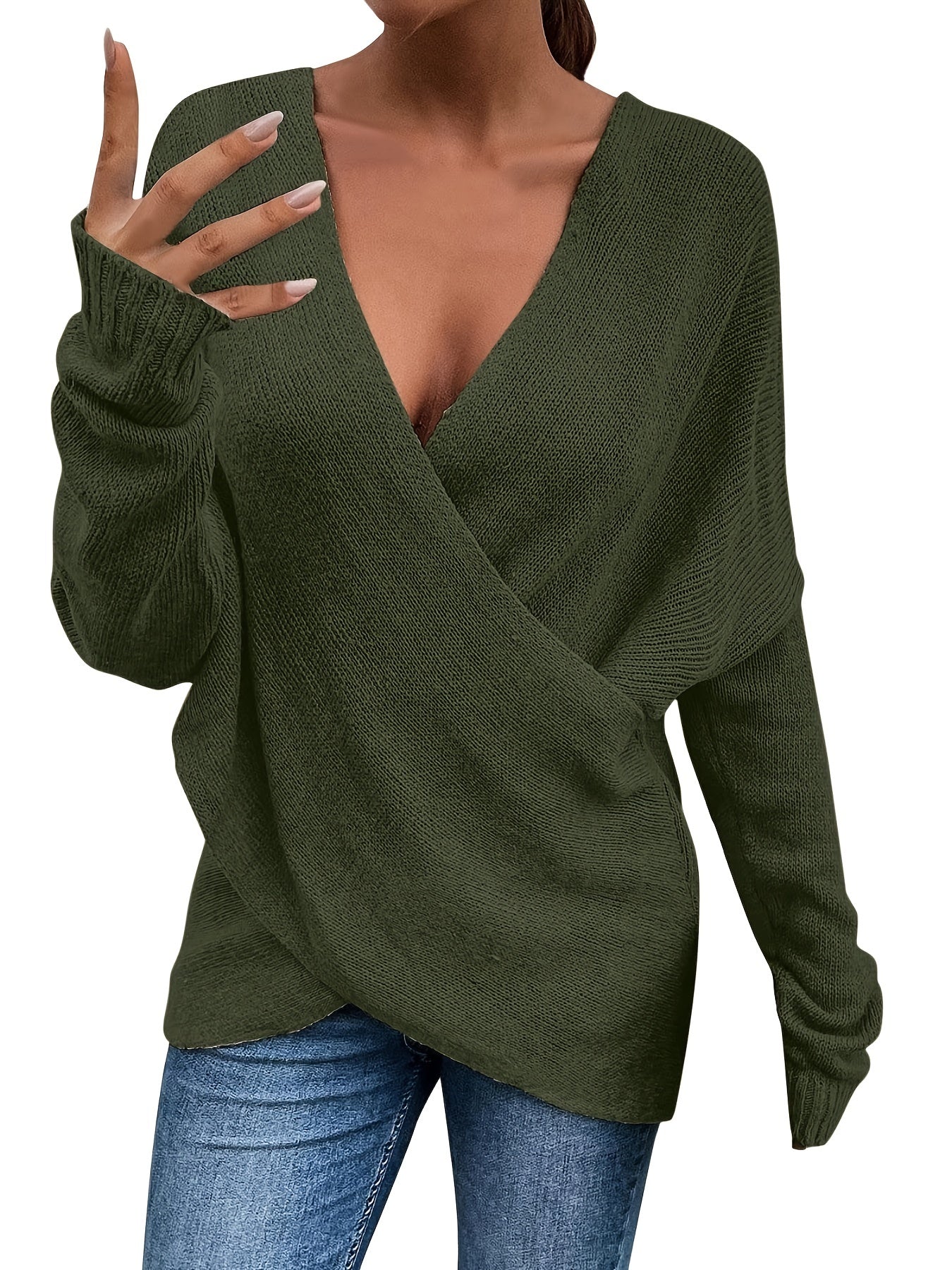 Sixsr Plus Size Twist Front Deep V Neck Irregular Hem Knit Tops, Women's Plus Slight Stretch Sexy Knit Tops