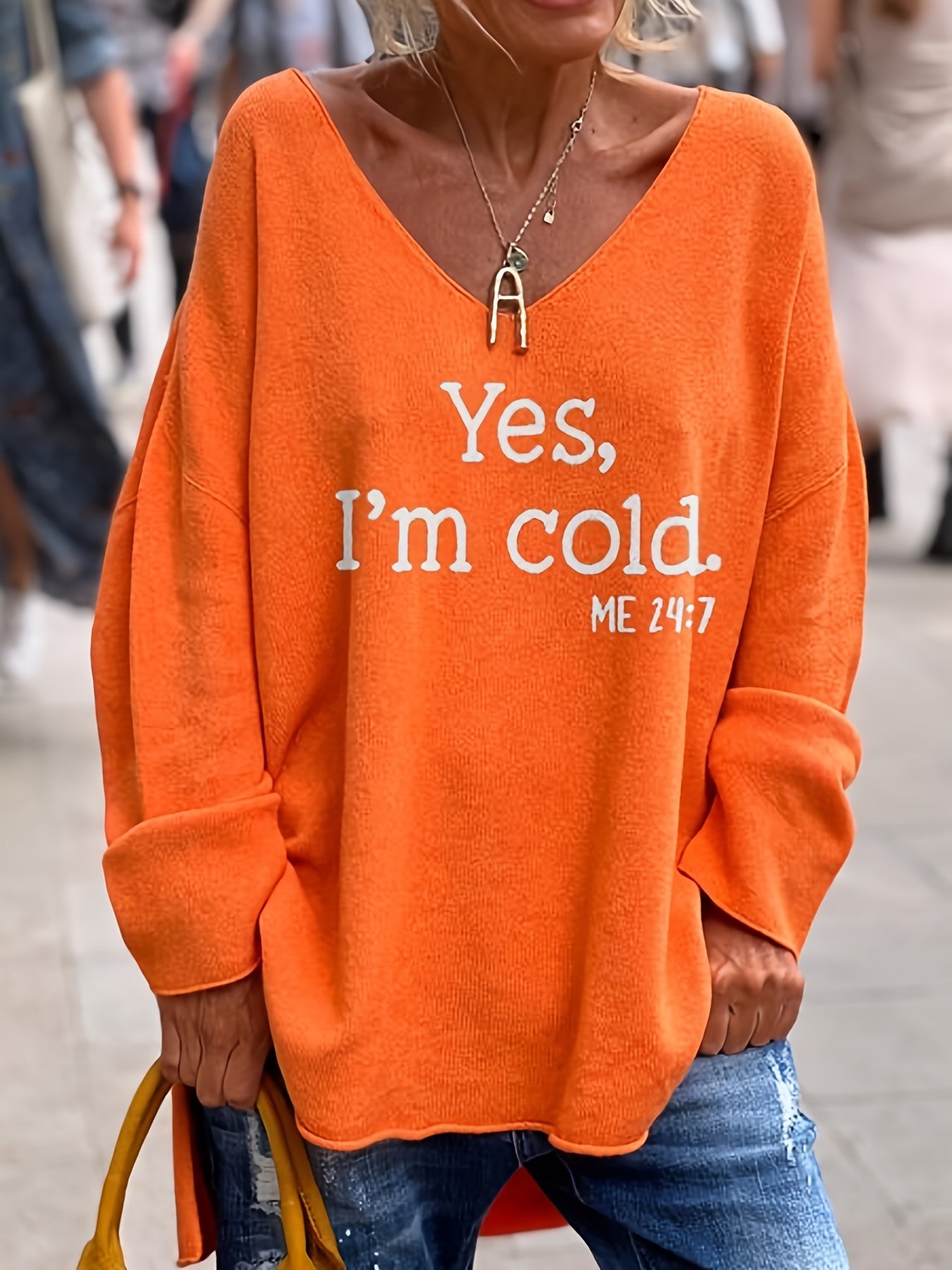 Sixsr Letter Pattern V Neck Oversized Sweater, Casual Long Sleeve Rolled Trim Sweater, Women's Clothing