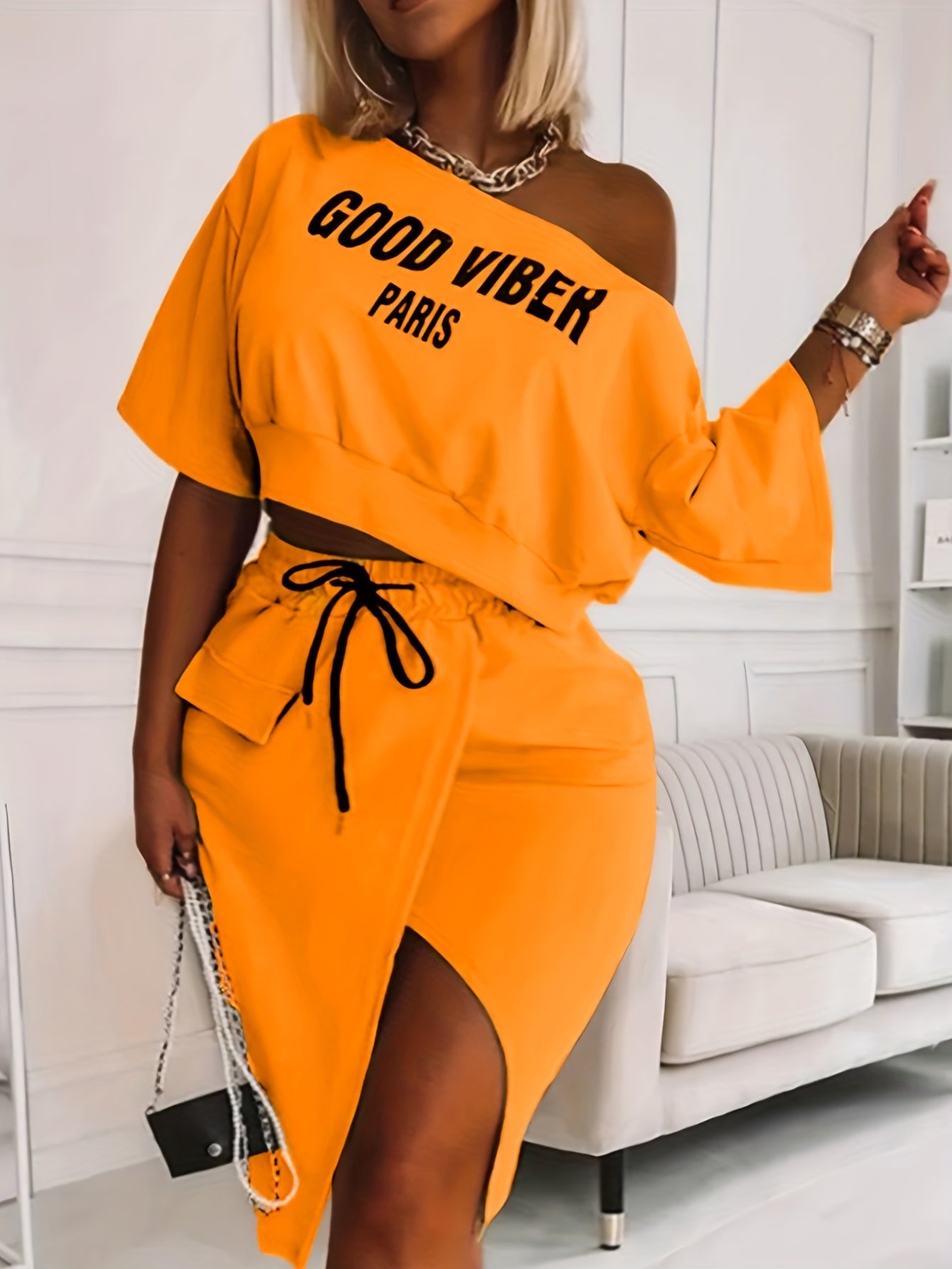 Plus Size Casual Outfits Two Piece Set, Women's Plus Letter Print One Shoulder Short Sleeve Top & Drawstring Split Hem Knee Length Skirt Outfits 2 Piece Set