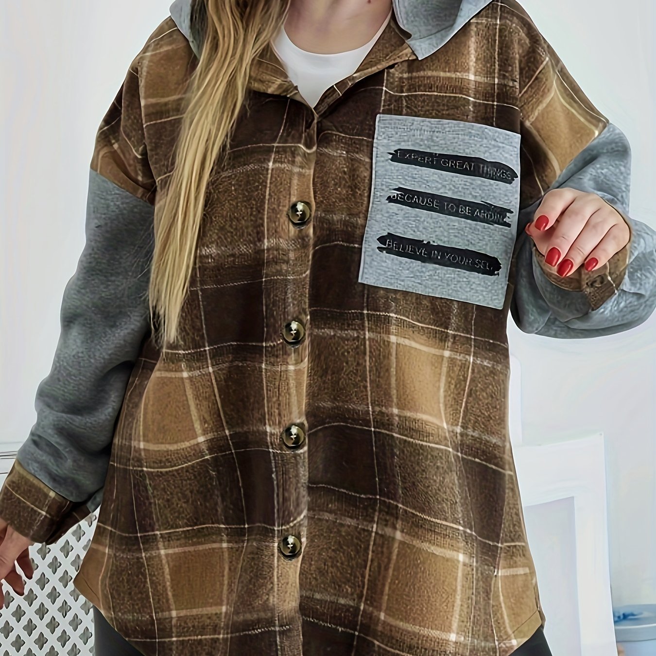 Sixsr Plus Size Casual Coat, Women's Plus Colorblock Plaid & Letter Print Button Up Long Sleeve Hoodie Shirt Coat