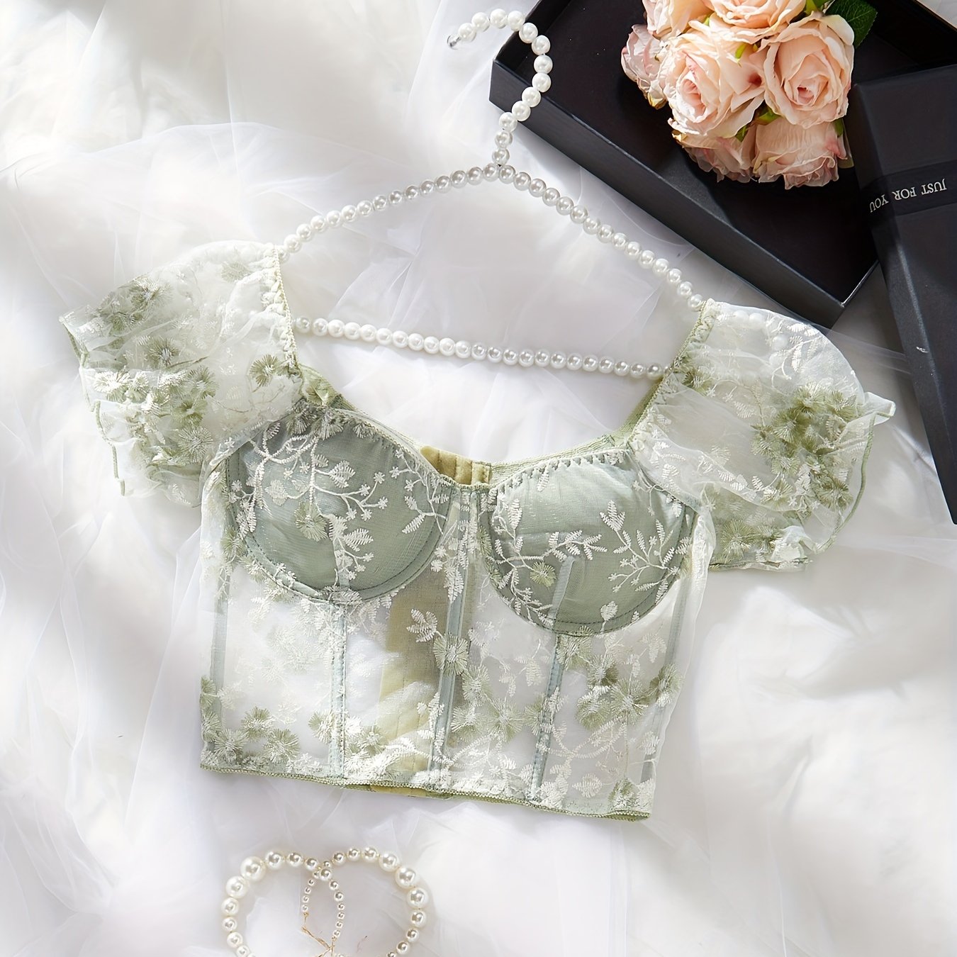 Sixsr Hot Floral Embroidery Bustier, Puff Sleeve Fishbone Bustier, Women's Sexy Lingerie & Underwear