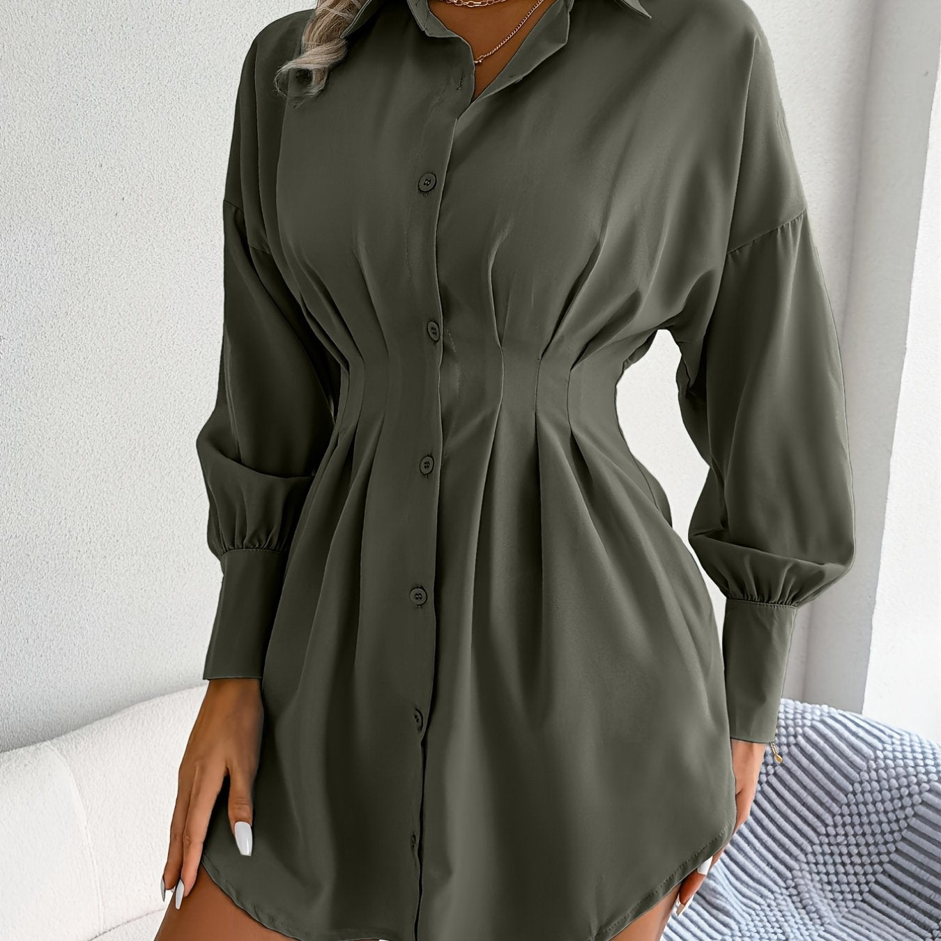 Sixsr Lantern Sleeve Pleated Waist Dress, Casual Shirt Dress For Spring & Fall, Women's Clothing