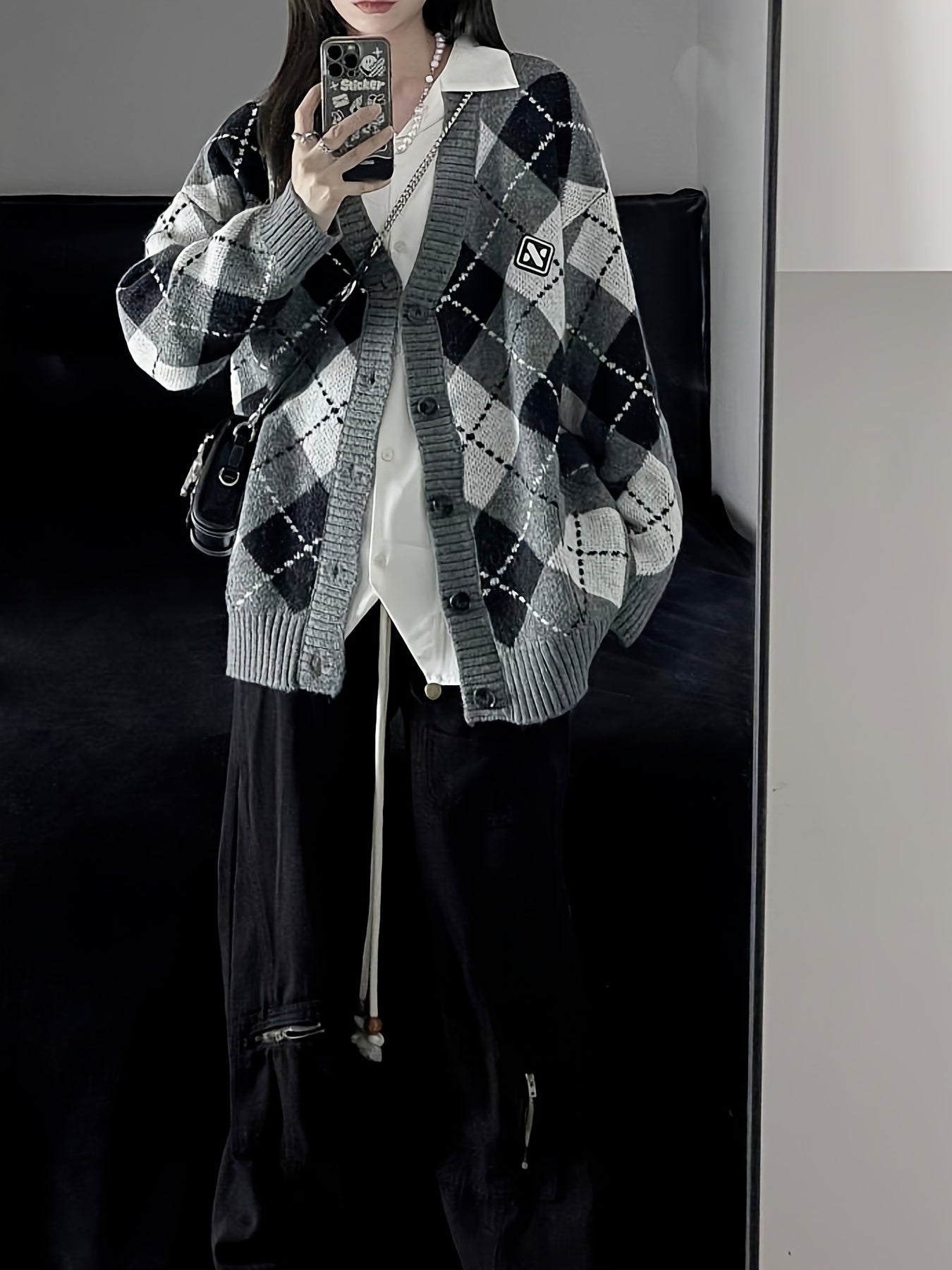 Sixsr Plaid Button Down Knit Cardigan, Preppy Long Sleeve Loose Sweater With Pocket, Women's Clothing