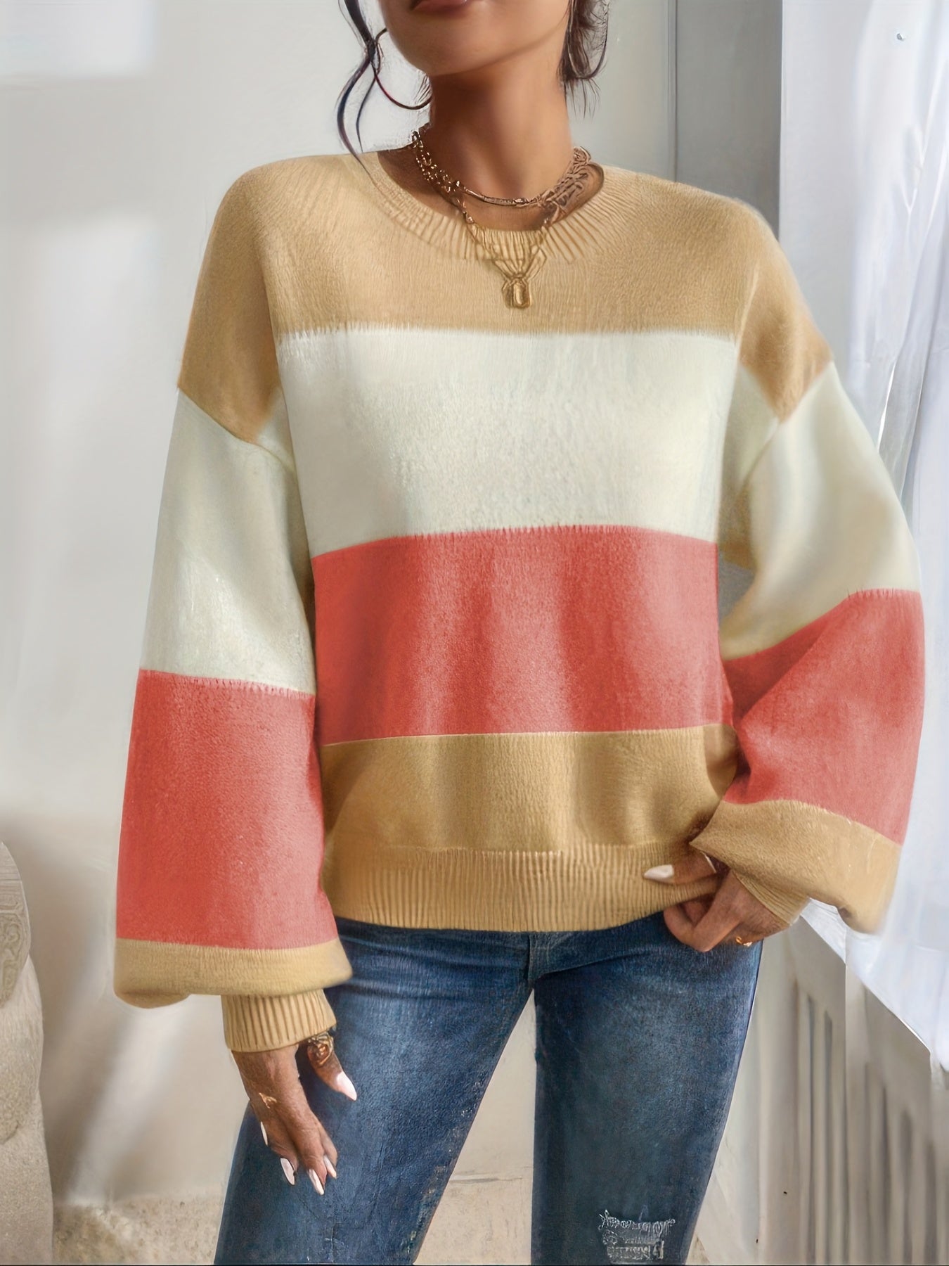 Sixsr Color Block Drop Shoulder Sweater, Casual Lantern Sleeve Pullover Knitted Top, Women's Clothing