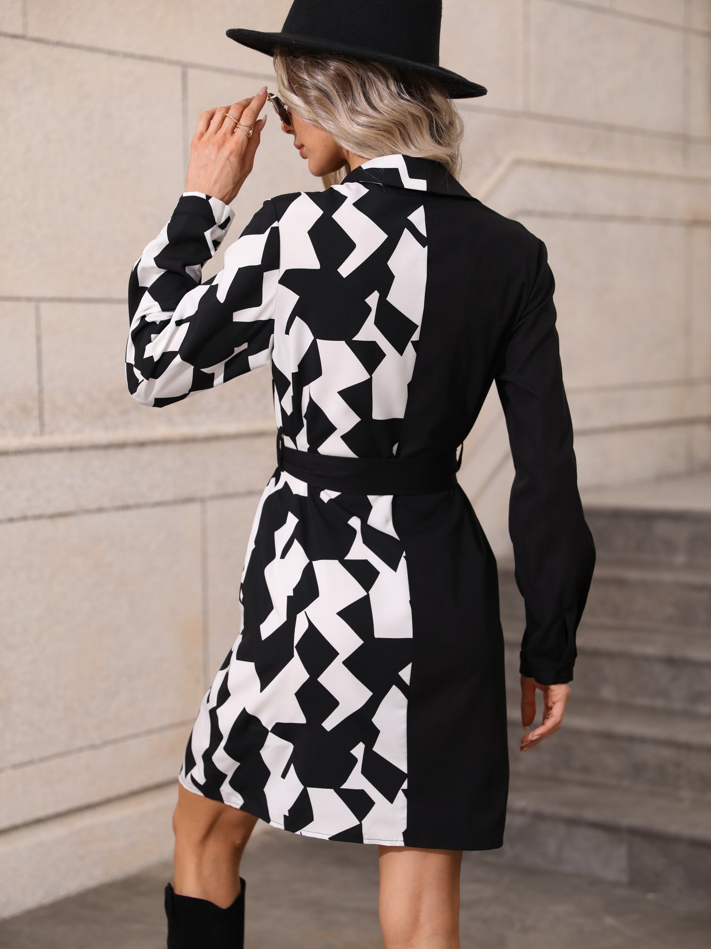 Sixsr Women's Dresses Casual Geo Print Colorblock Lace Up Waist Fashion Summer Long Sleeve Dresses