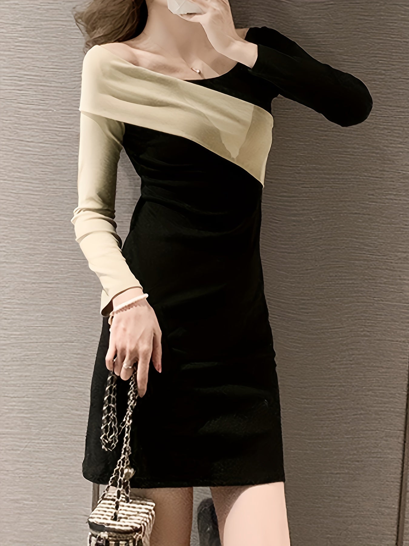 Sixsr Colorblock Cold Shoulder Bodycon Dress, Casual Slim Long Sleeve Above Knee Dress, Women's Clothing