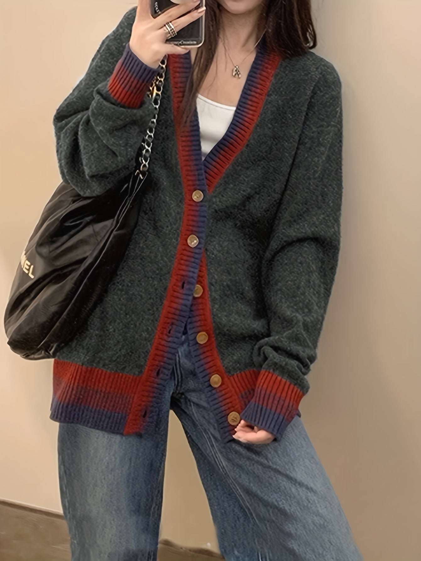 Sixsr Contrast Trim Button Down Knit Cardigan, Casual Long Sleeve Loose Sweater, Women's Cothing