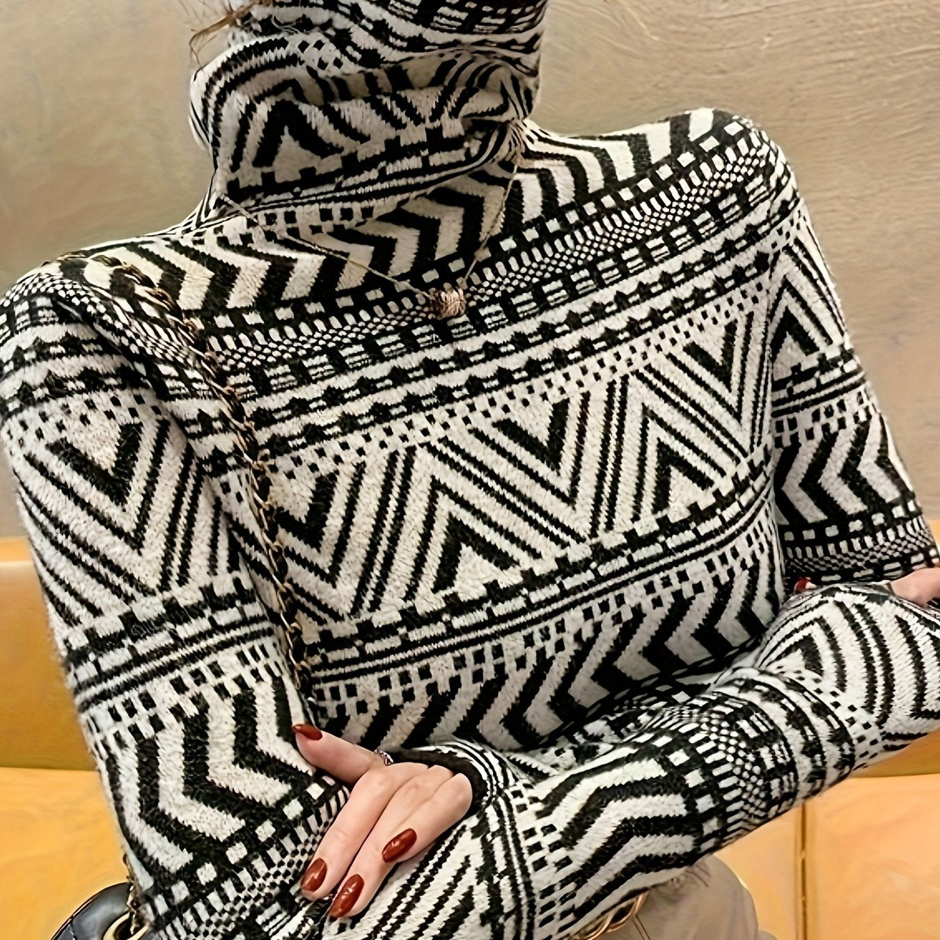 Sixsr Geo Pattern Turtle Neck Pullover Sweater, Elegant Long Sleeve Fashion Slim Sweater, Women's Clothing