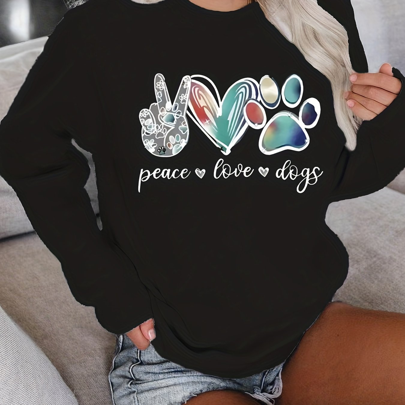 Sixsr Plus Size Casual Sweatshirt, Women's Plus Art Letter & Heart & Paw & Hand Print Long Sleeve Round Neck Slight Stretch Sweatshirt